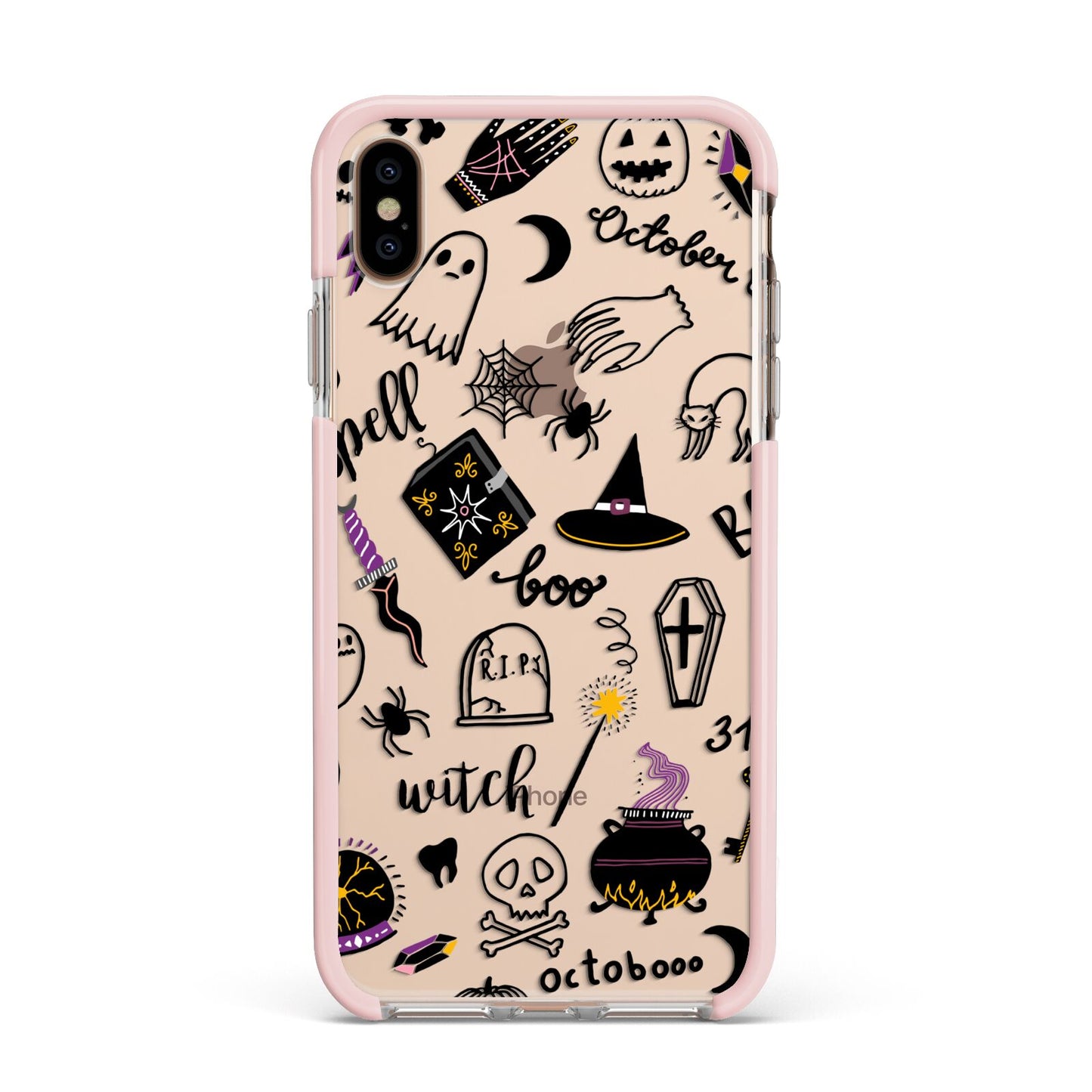 Purple and Black Halloween Illustrations Apple iPhone Xs Max Impact Case Pink Edge on Gold Phone