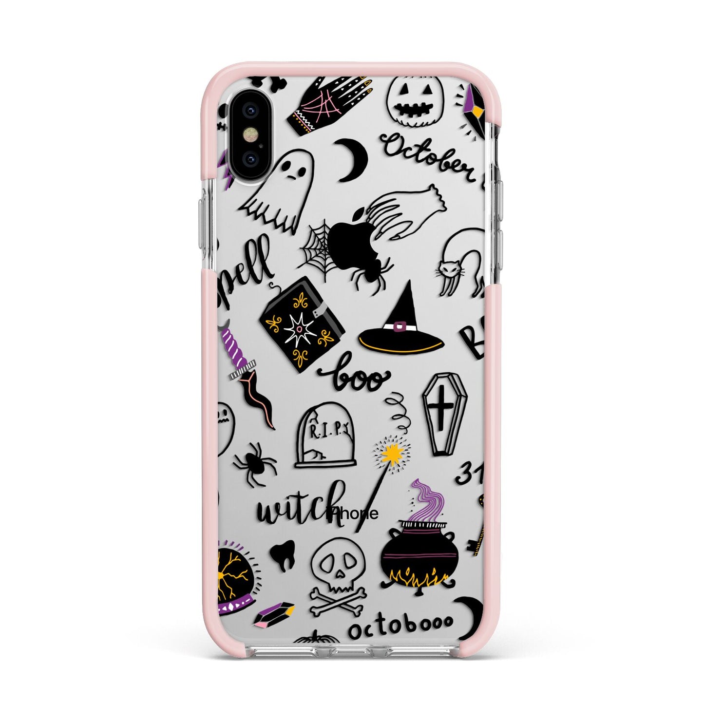 Purple and Black Halloween Illustrations Apple iPhone Xs Max Impact Case Pink Edge on Silver Phone