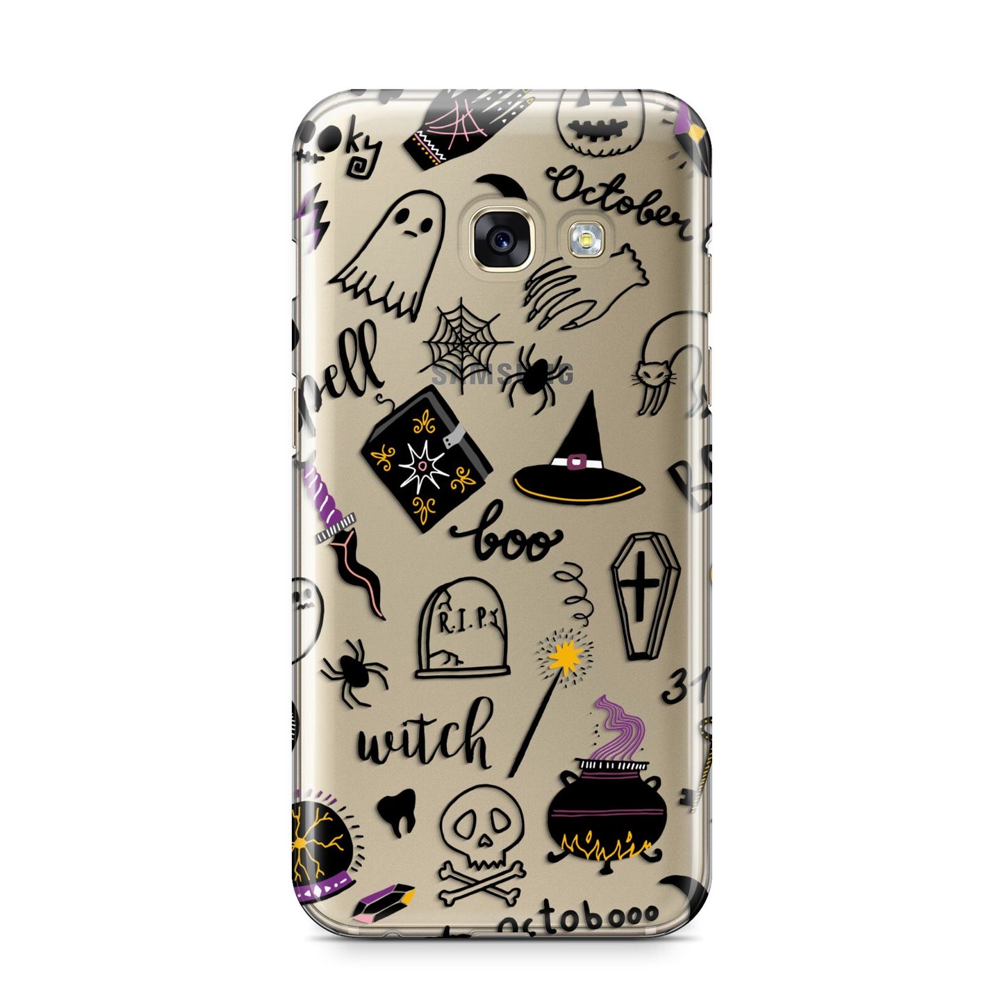 Purple and Black Halloween Illustrations Samsung Galaxy A3 2017 Case on gold phone