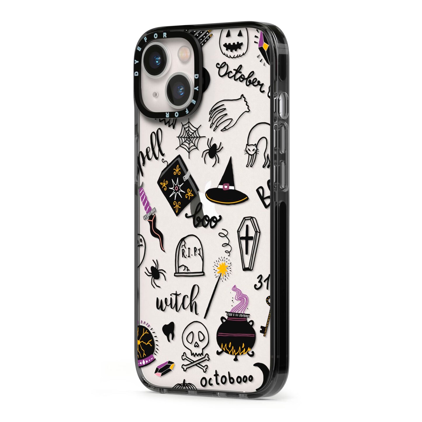 Purple and Black Halloween Illustrations iPhone 13 Black Impact Case Side Angle on Silver phone