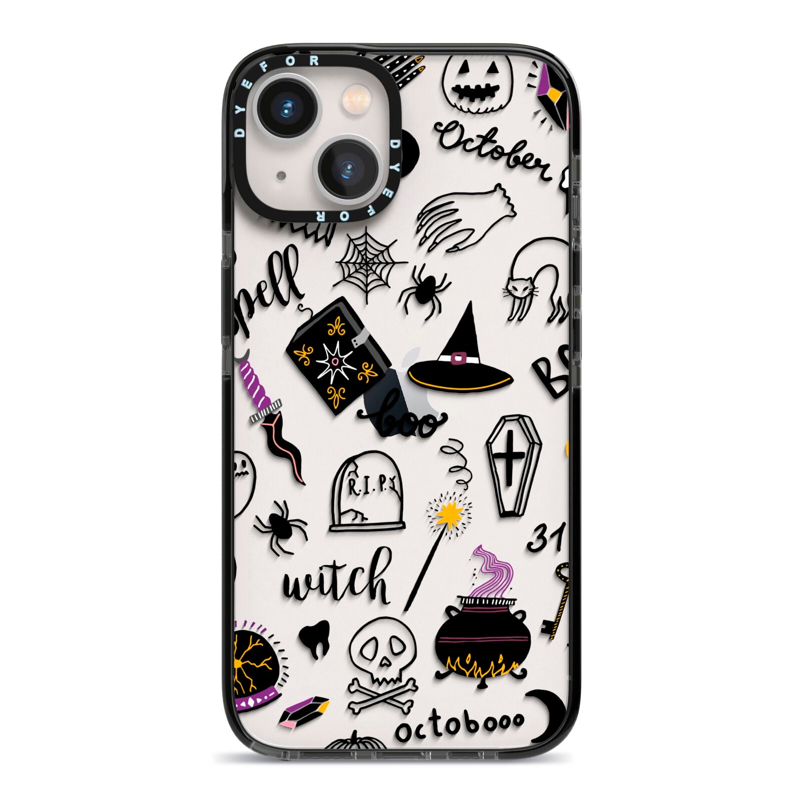 Purple and Black Halloween Illustrations iPhone 13 Black Impact Case on Silver phone