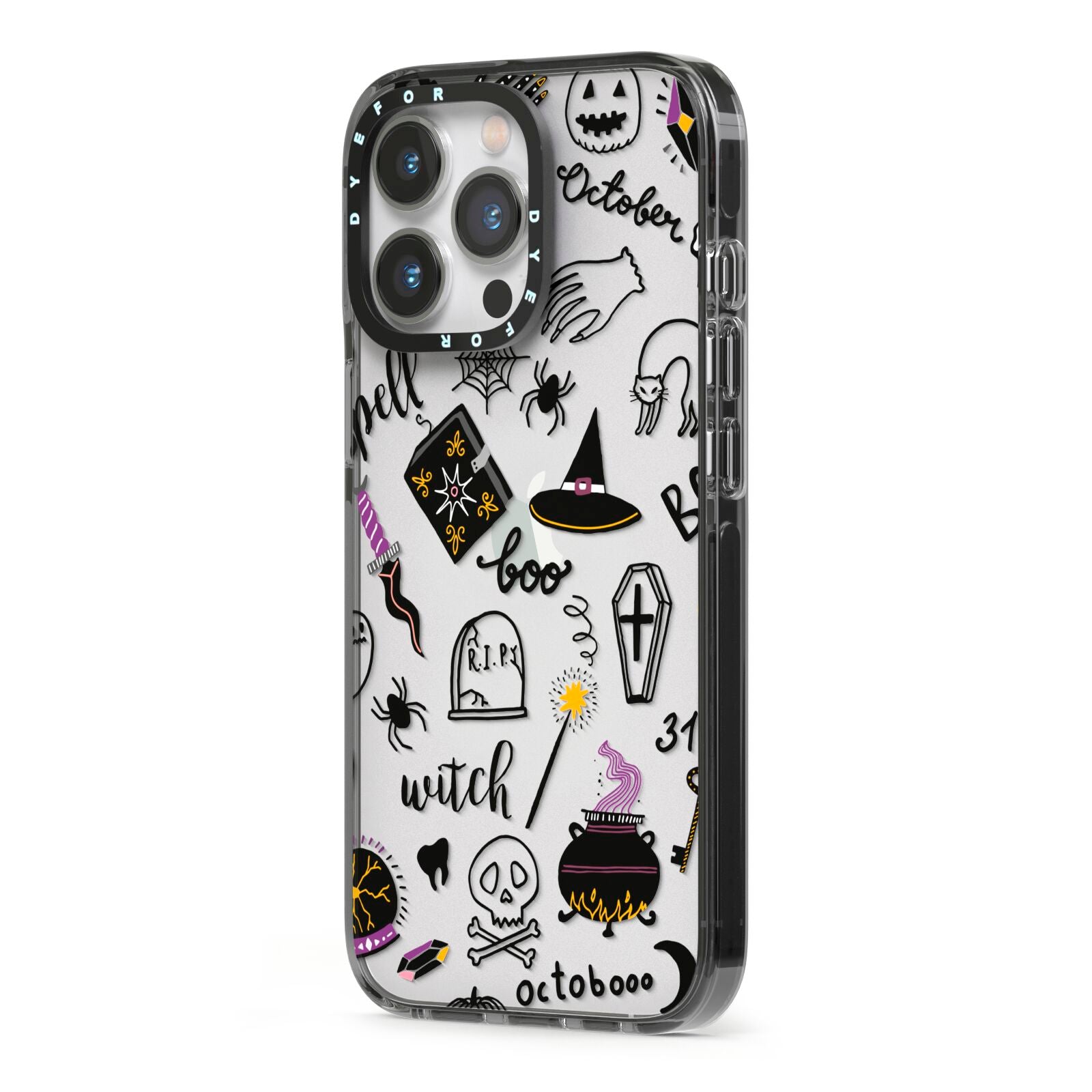 Purple and Black Halloween Illustrations iPhone 13 Pro Black Impact Case Side Angle on Silver phone