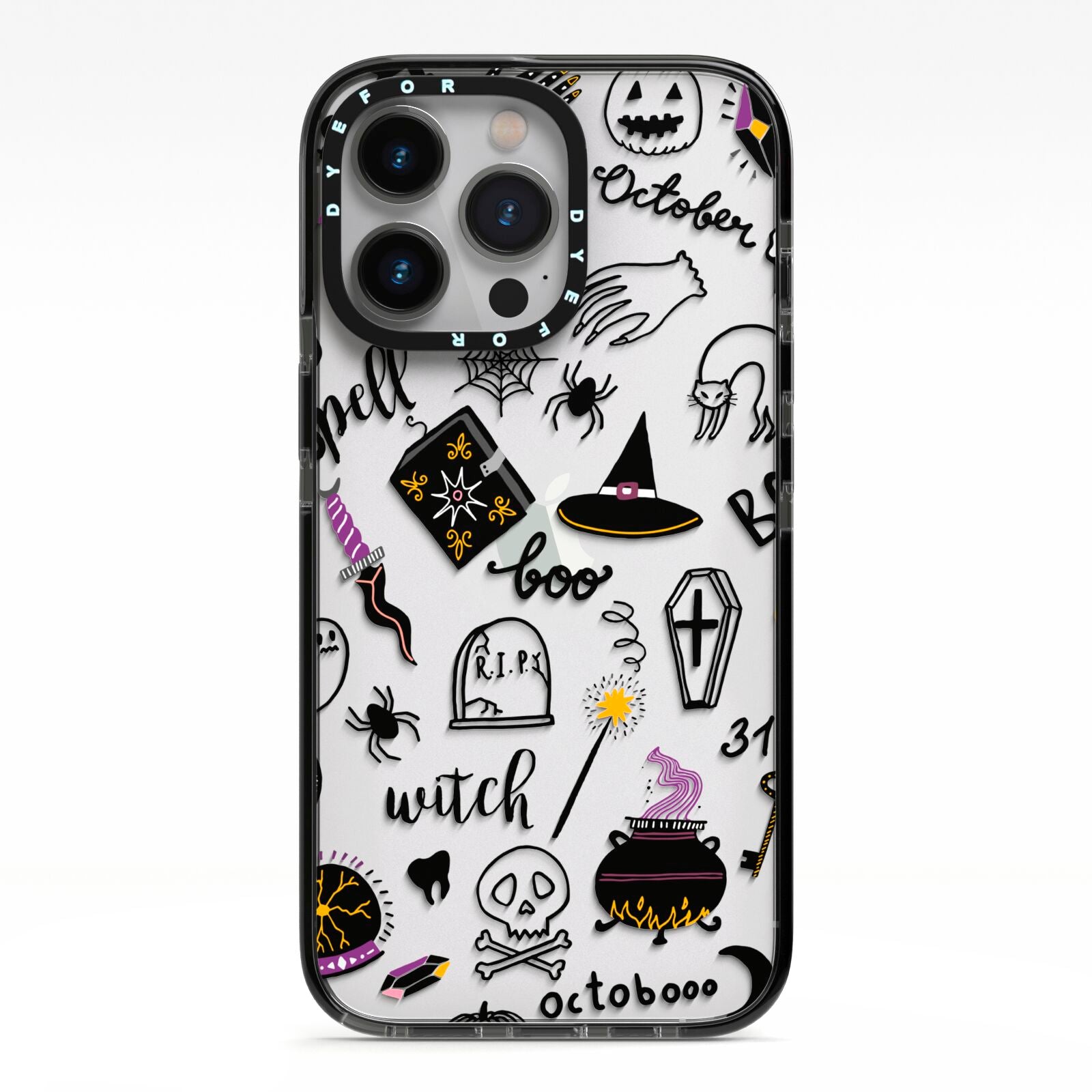 Purple and Black Halloween Illustrations iPhone 13 Pro Black Impact Case on Silver phone