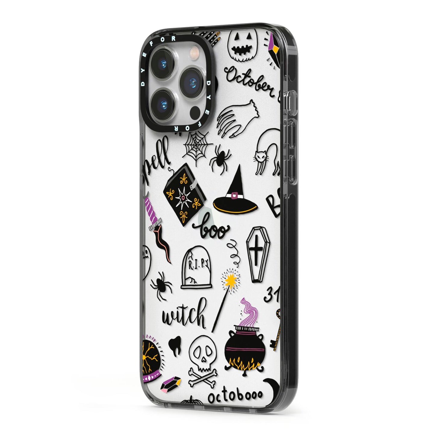 Purple and Black Halloween Illustrations iPhone 13 Pro Max Black Impact Case Side Angle on Silver phone