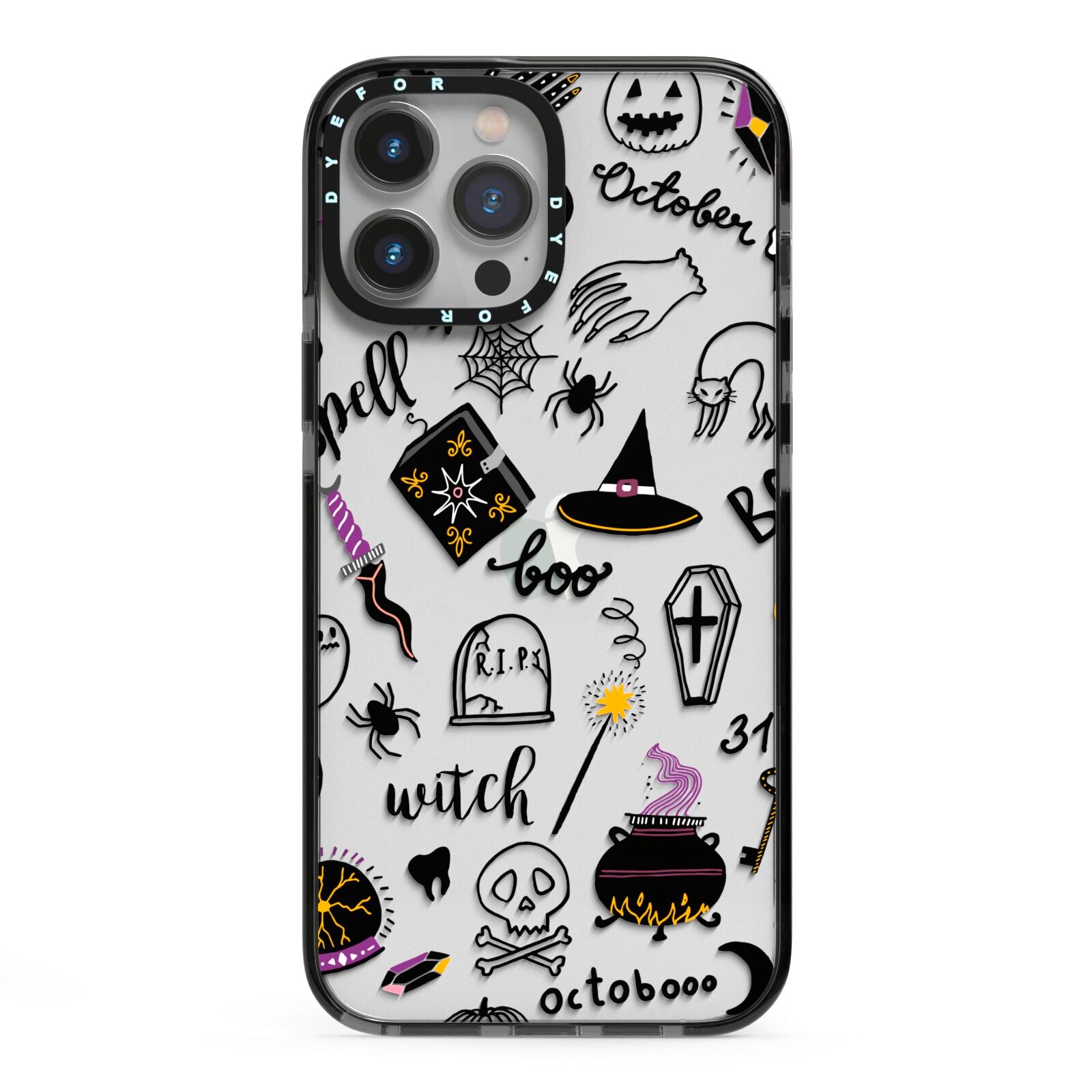 Purple and Black Halloween Illustrations iPhone 13 Pro Max Black Impact Case on Silver phone