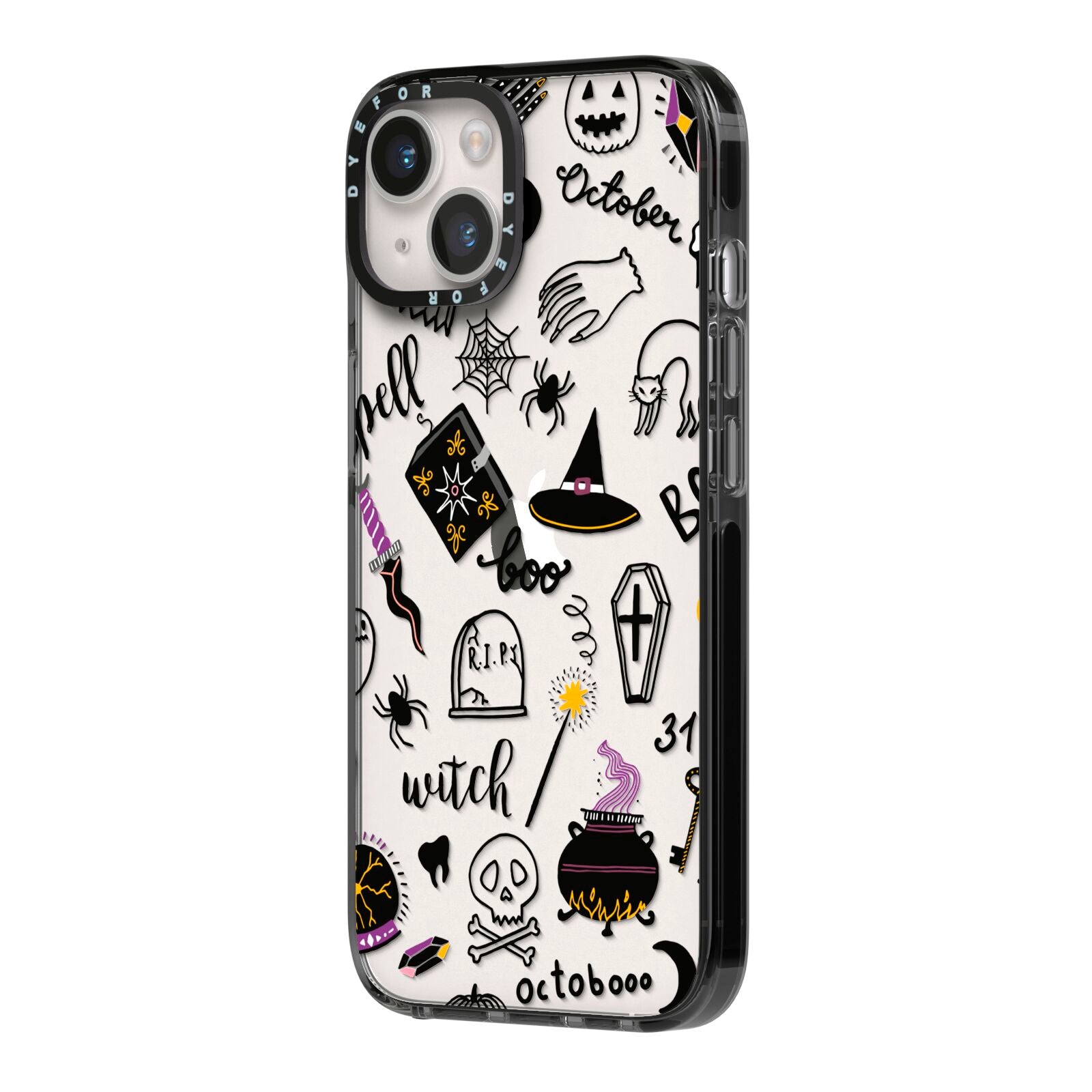 Purple and Black Halloween Illustrations iPhone 14 Black Impact Case Side Angle on Silver phone
