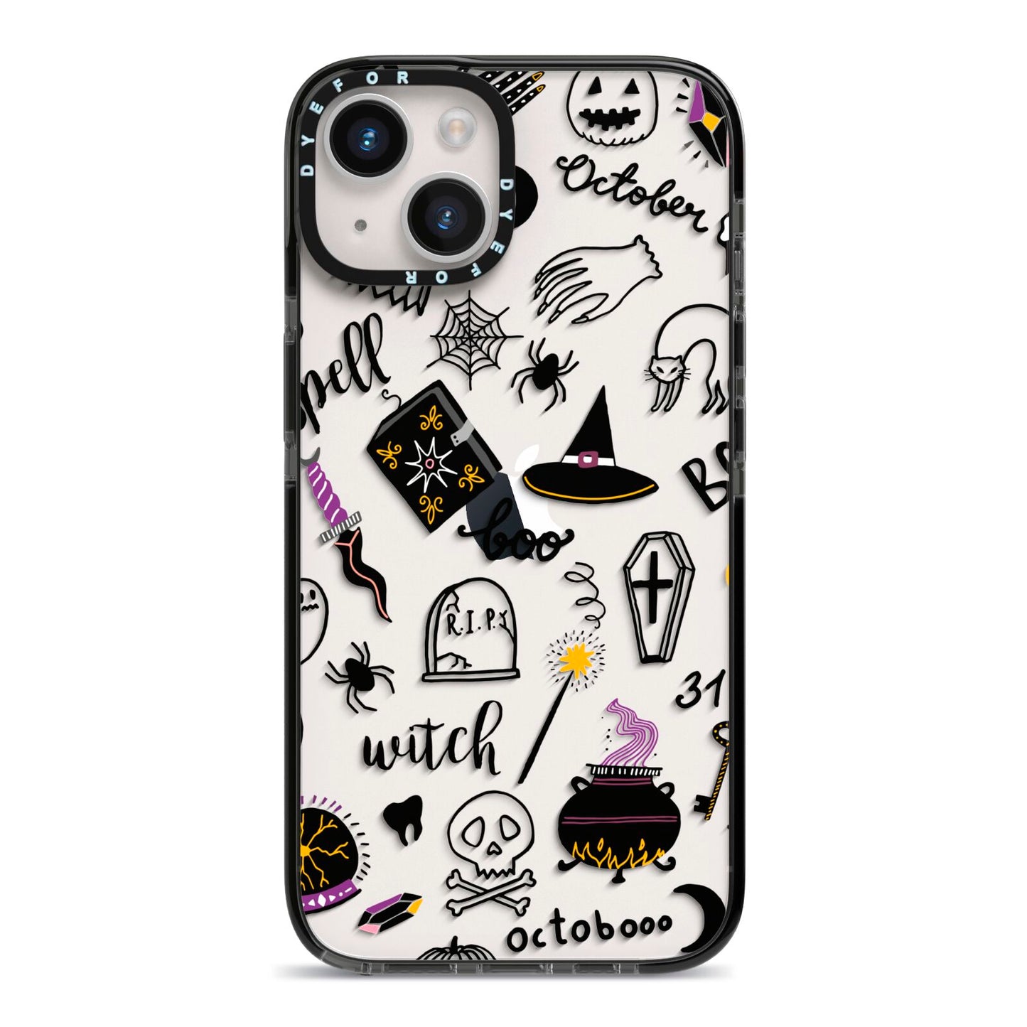 Purple and Black Halloween Illustrations iPhone 14 Black Impact Case on Silver phone