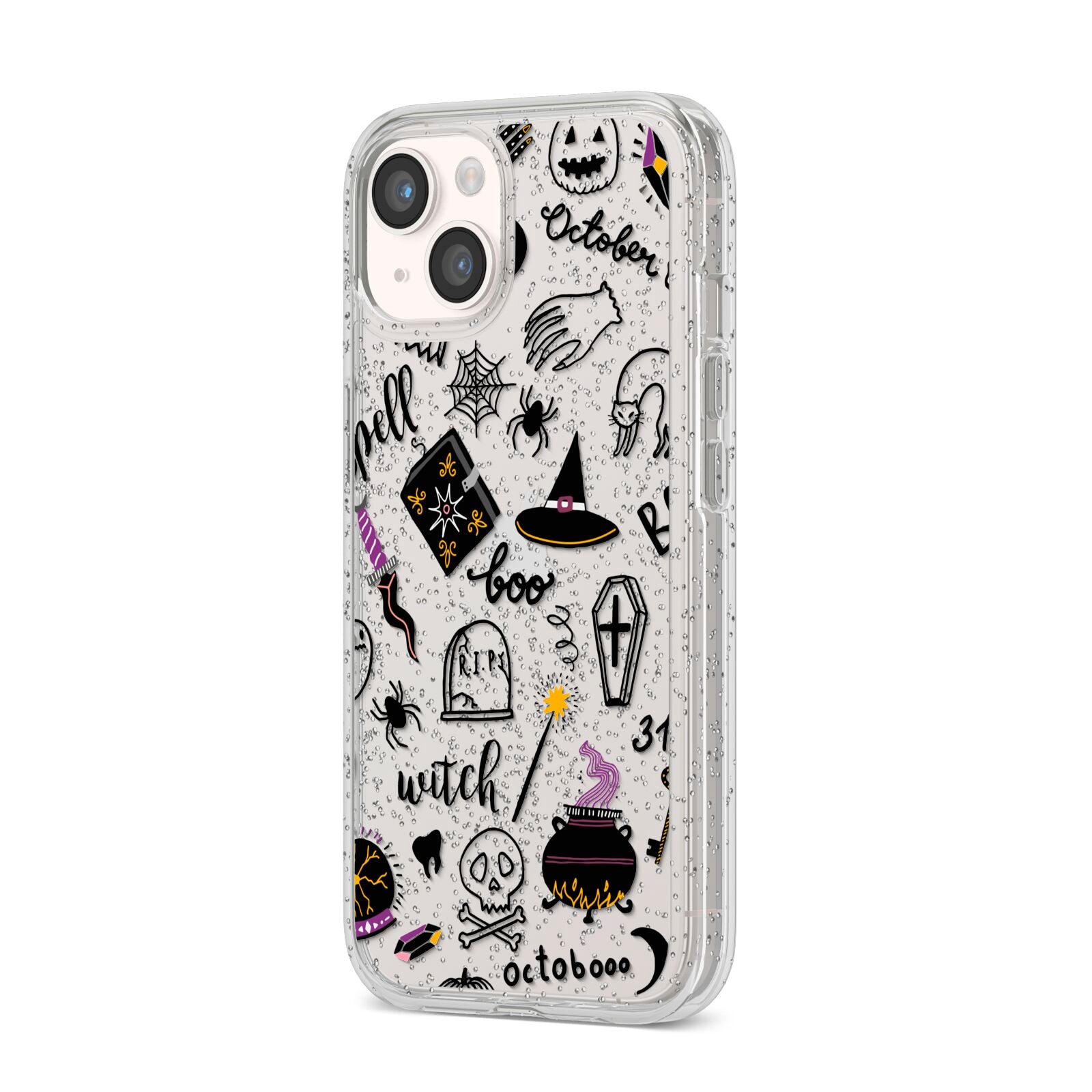 Purple and Black Halloween Illustrations iPhone 14 Glitter Tough Case Starlight Angled Image