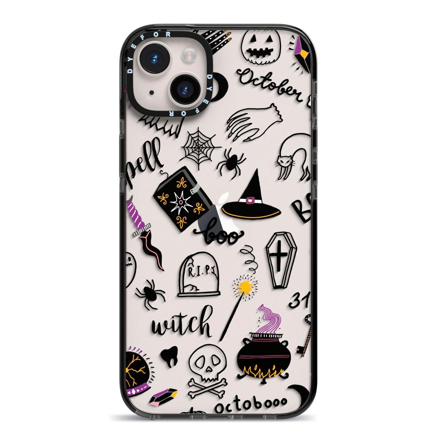 Purple and Black Halloween Illustrations iPhone 14 Plus Black Impact Case on Silver phone