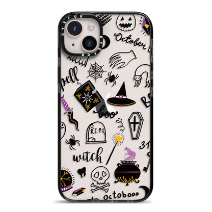 Purple and Black Halloween Illustrations iPhone 14 Plus Black Impact Case on Silver phone