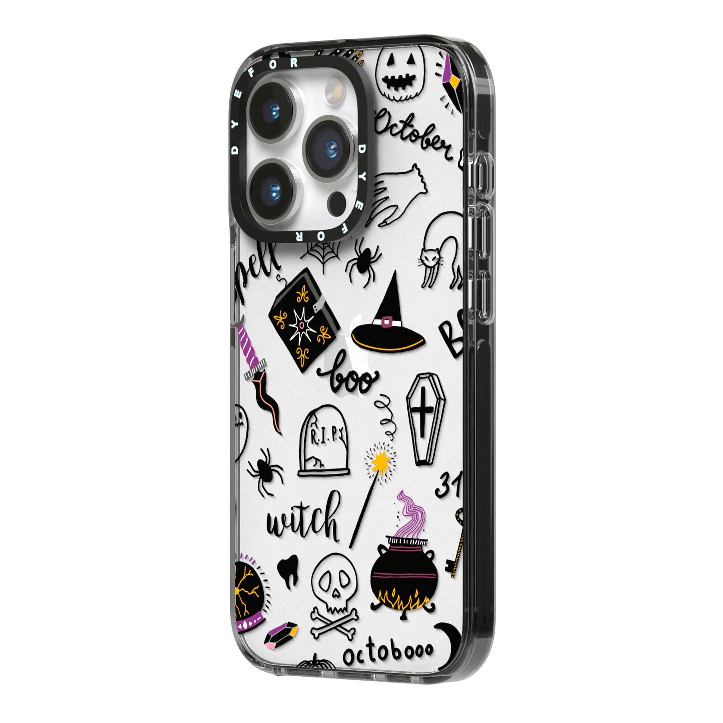 Purple and Black Halloween Illustrations iPhone 14 Pro Black Impact Case Side Angle on Silver phone
