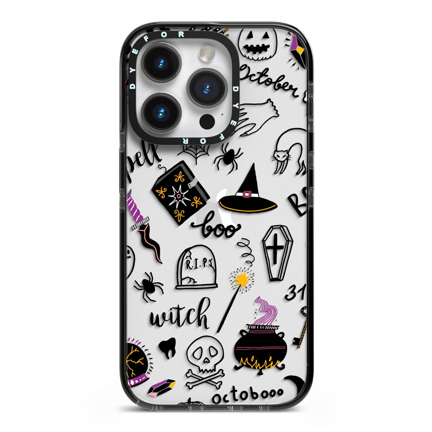 Purple and Black Halloween Illustrations iPhone 14 Pro Black Impact Case on Silver phone