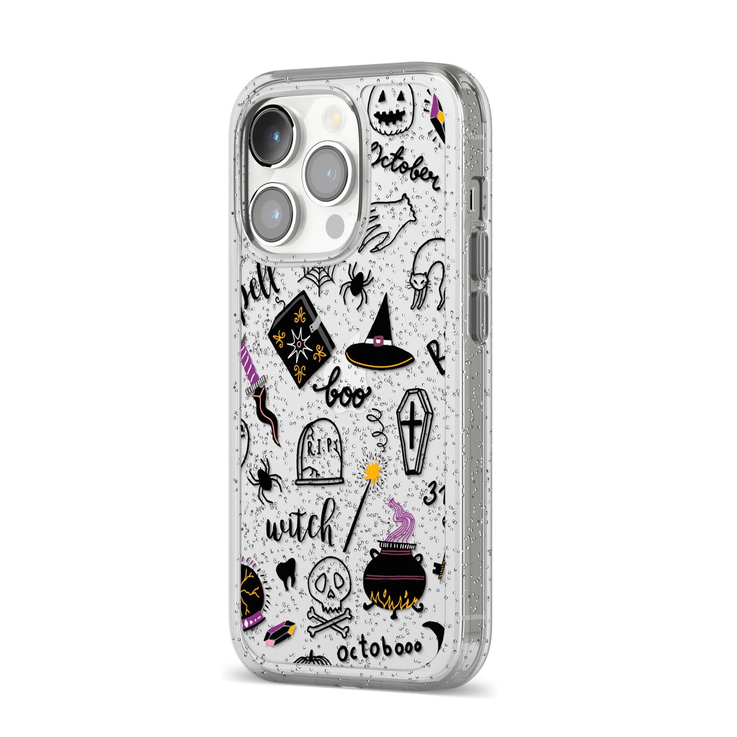 Purple and Black Halloween Illustrations iPhone 14 Pro Glitter Tough Case Silver Angled Image