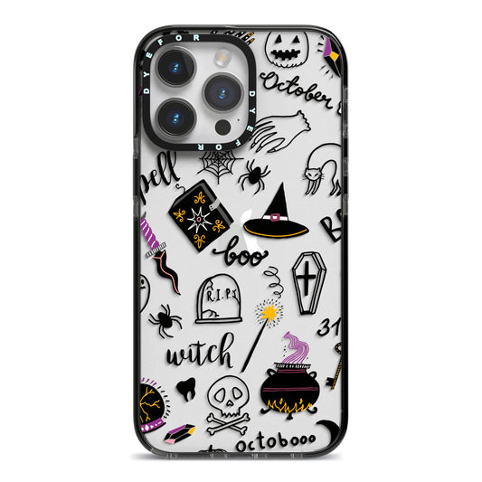 Purple and Black Halloween Illustrations iPhone 14 Pro Max Black Impact Case on Silver phone