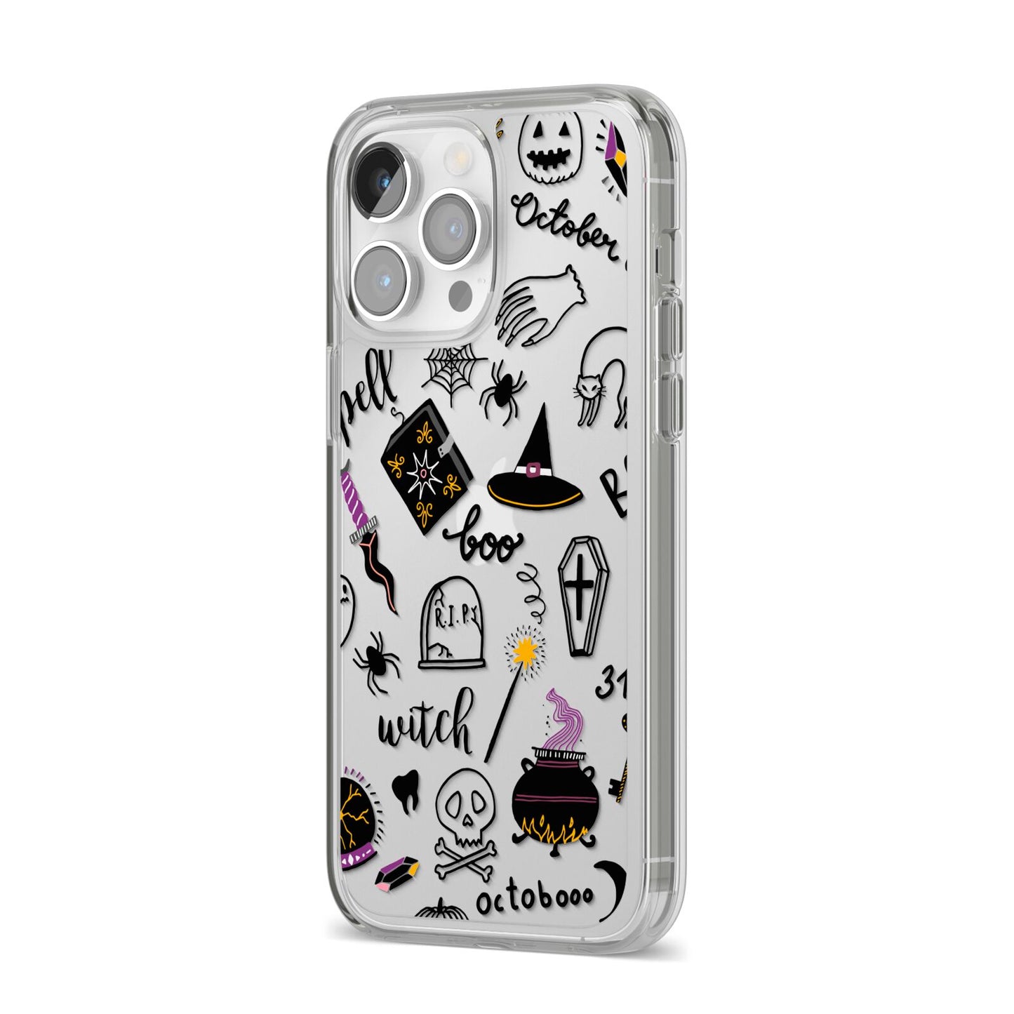 Purple and Black Halloween Illustrations iPhone 14 Pro Max Clear Tough Case Silver Angled Image