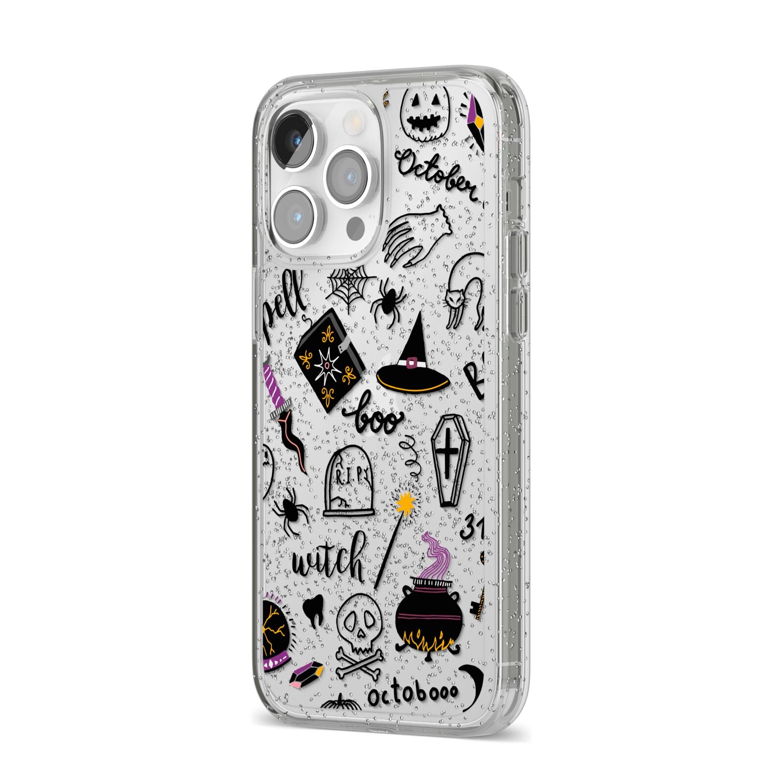 Purple and Black Halloween Illustrations iPhone 14 Pro Max Glitter Tough Case Silver Angled Image