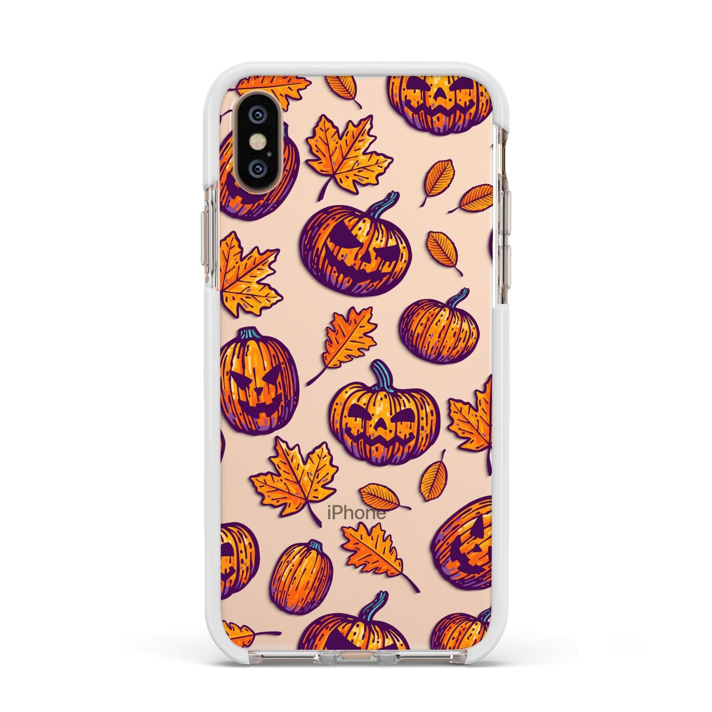 Purple and Orange Autumn Illustrations Apple iPhone Xs Impact Case White Edge on Gold Phone