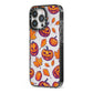 Purple and Orange Autumn Illustrations iPhone 13 Pro Black Impact Case Side Angle on Silver phone