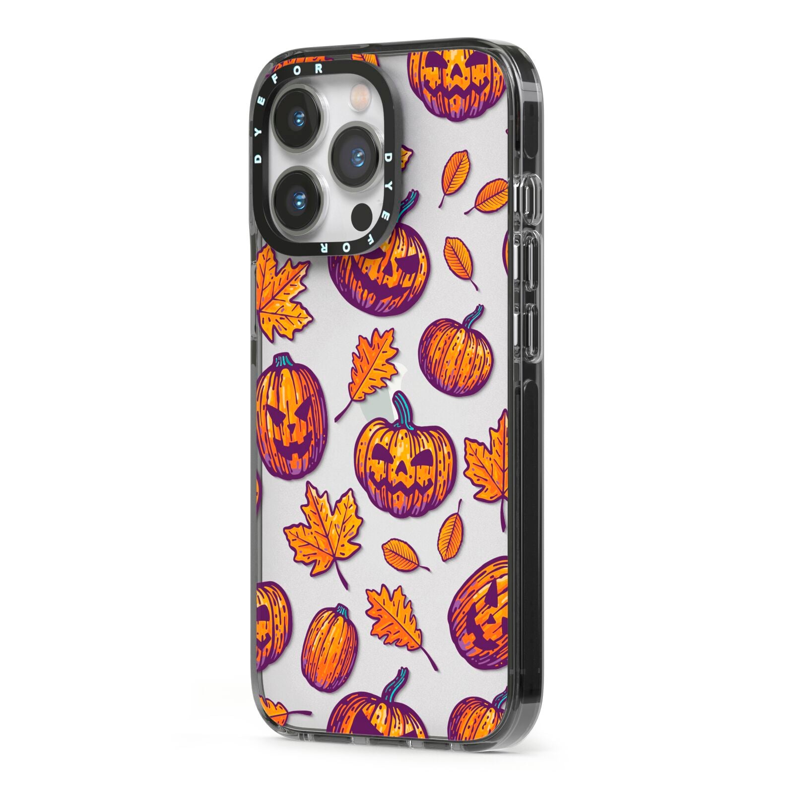 Purple and Orange Autumn Illustrations iPhone 13 Pro Black Impact Case Side Angle on Silver phone
