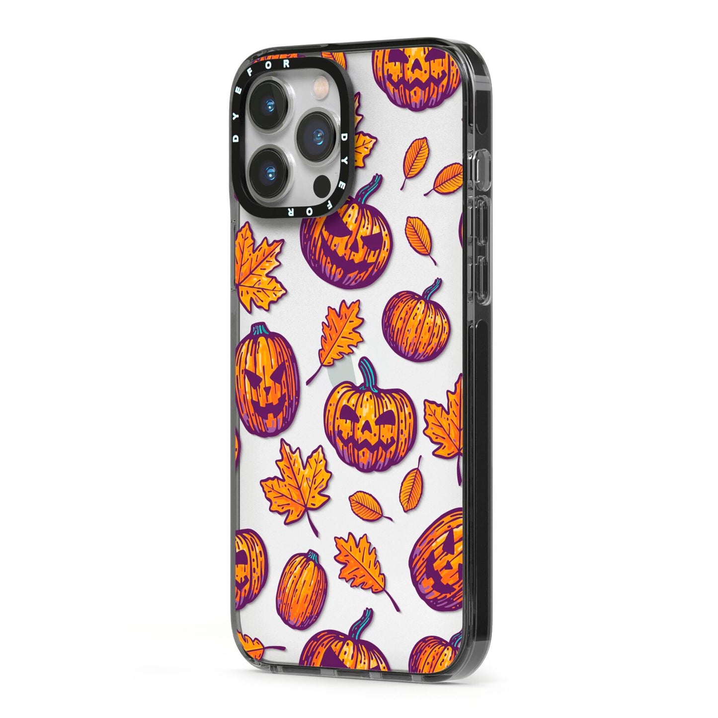Purple and Orange Autumn Illustrations iPhone 13 Pro Max Black Impact Case Side Angle on Silver phone