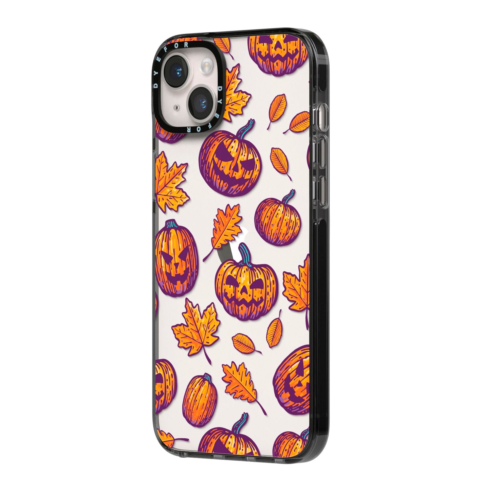 Purple and Orange Autumn Illustrations iPhone 14 Plus Black Impact Case Side Angle on Silver phone