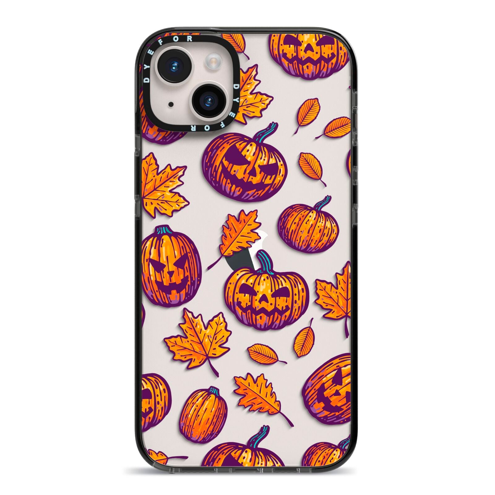 Purple and Orange Autumn Illustrations iPhone 14 Plus Black Impact Case on Silver phone
