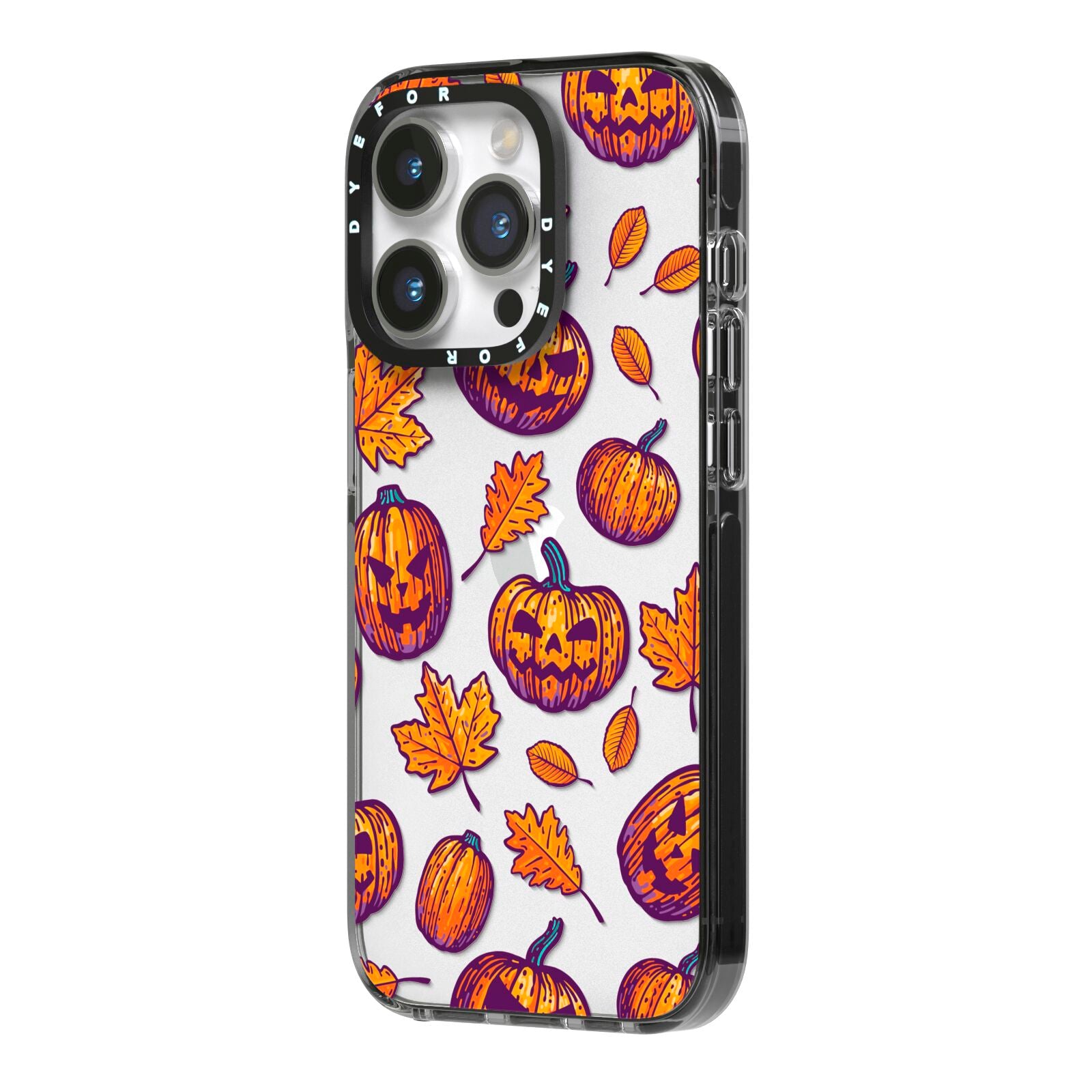 Purple and Orange Autumn Illustrations iPhone 14 Pro Black Impact Case Side Angle on Silver phone