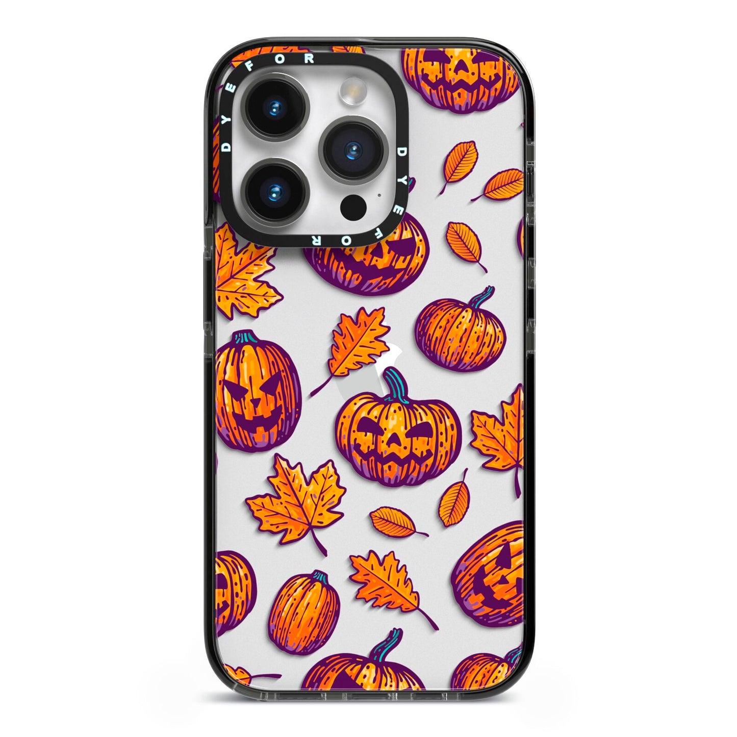Purple and Orange Autumn Illustrations iPhone 14 Pro Black Impact Case on Silver phone