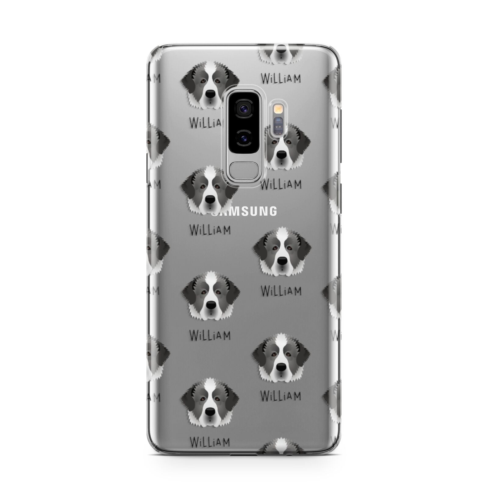 Pyrenean Mastiff Icon with Name Samsung Galaxy S9 Plus Case on Silver phone