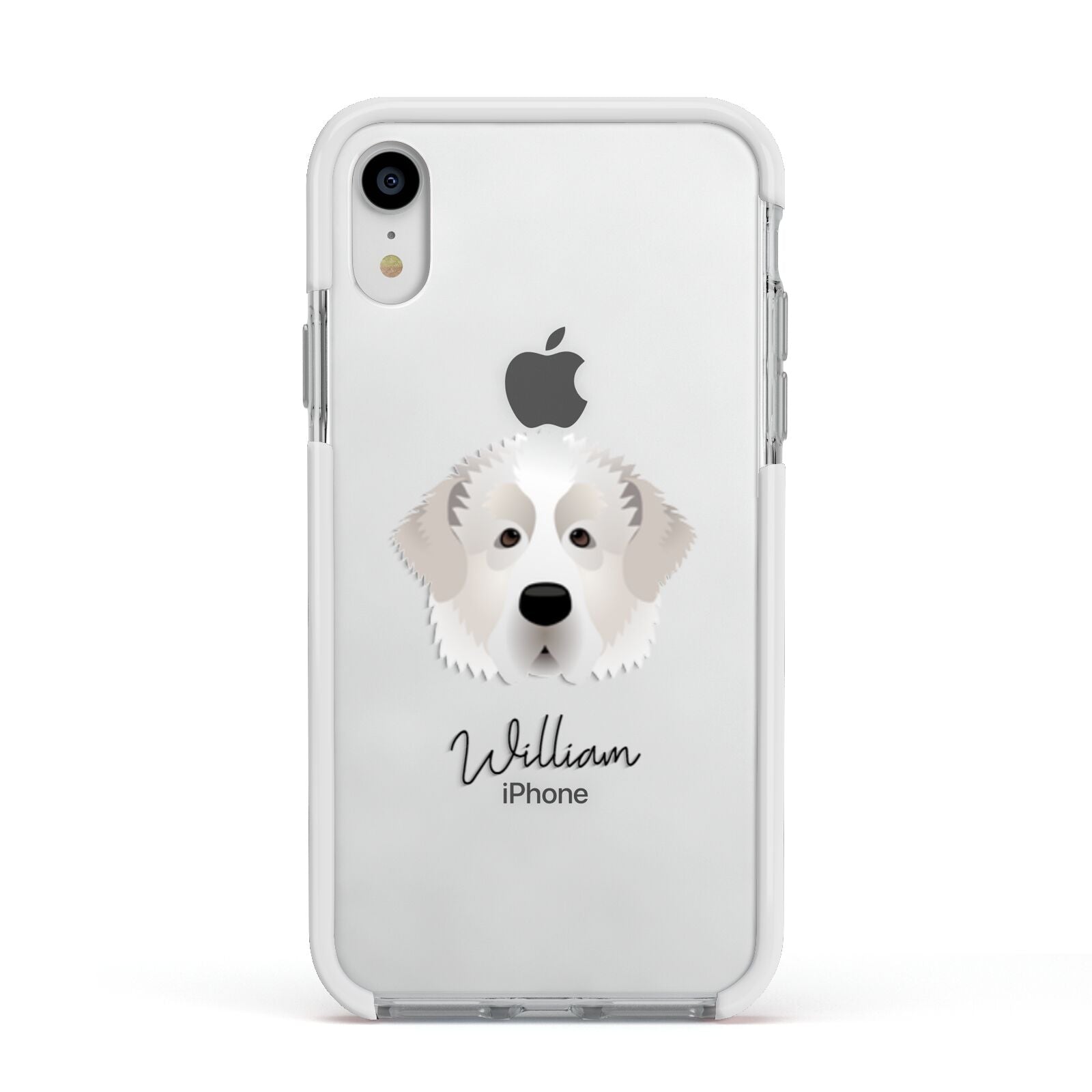 Pyrenean Mastiff Personalised Apple iPhone XR Impact Case White Edge on Silver Phone