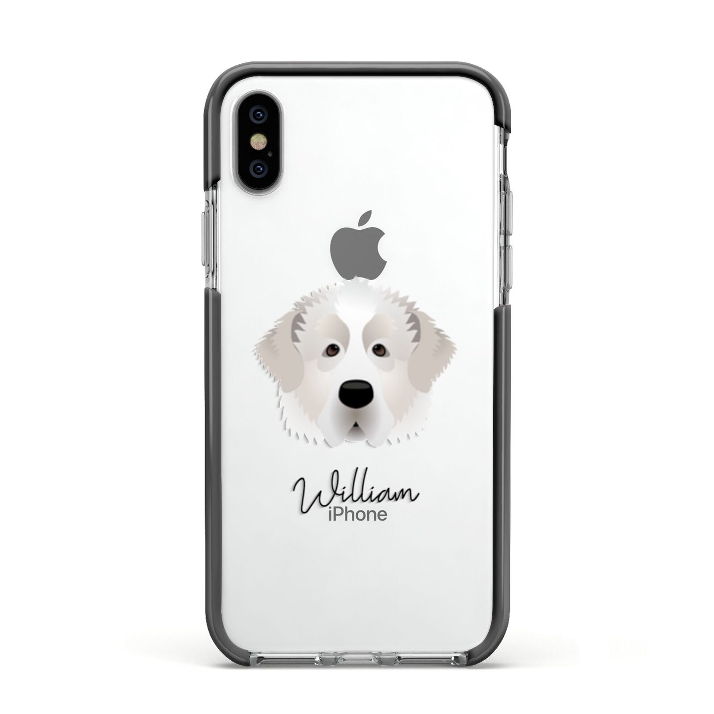 Pyrenean Mastiff Personalised Apple iPhone Xs Impact Case Black Edge on Silver Phone