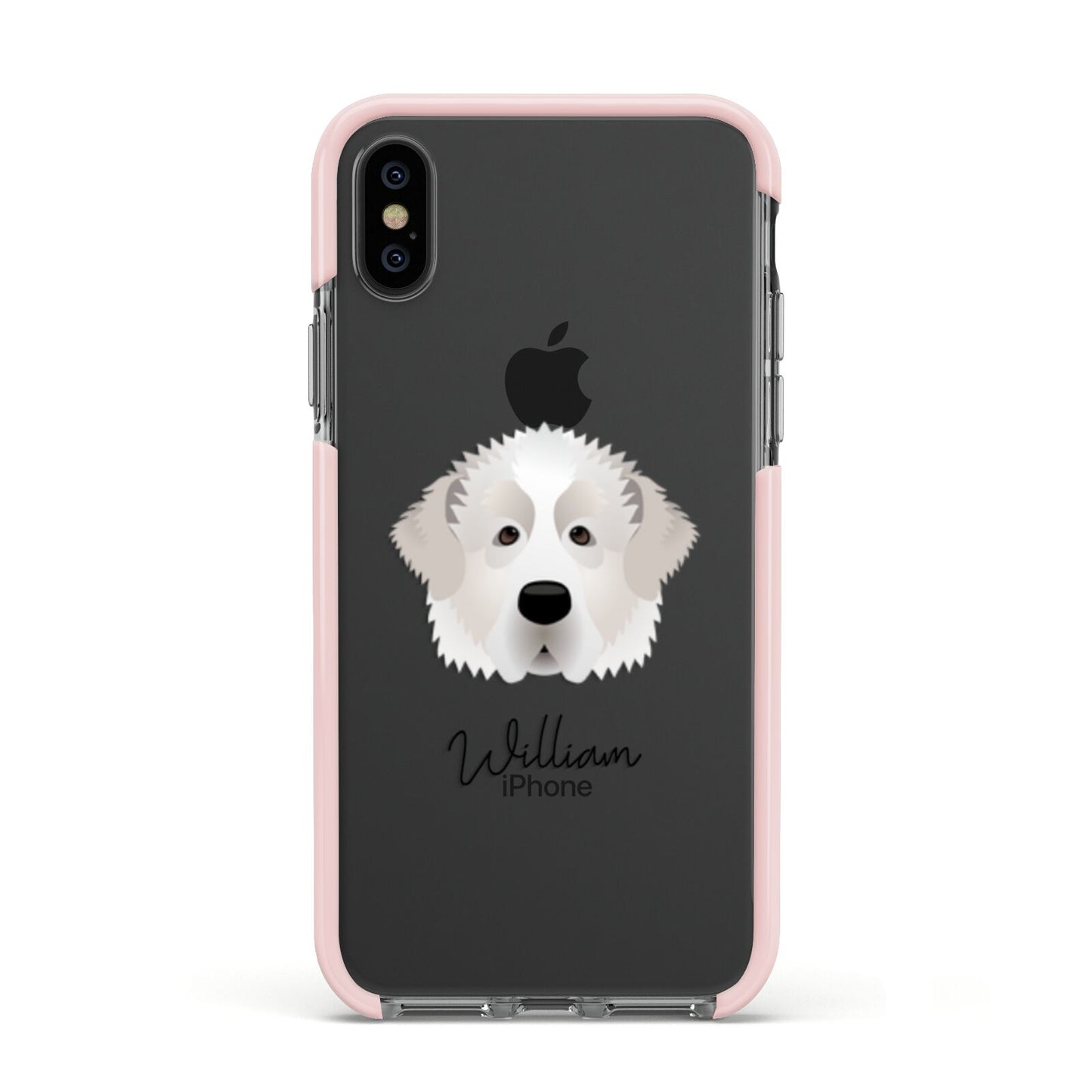 Pyrenean Mastiff Personalised Apple iPhone Xs Impact Case Pink Edge on Black Phone