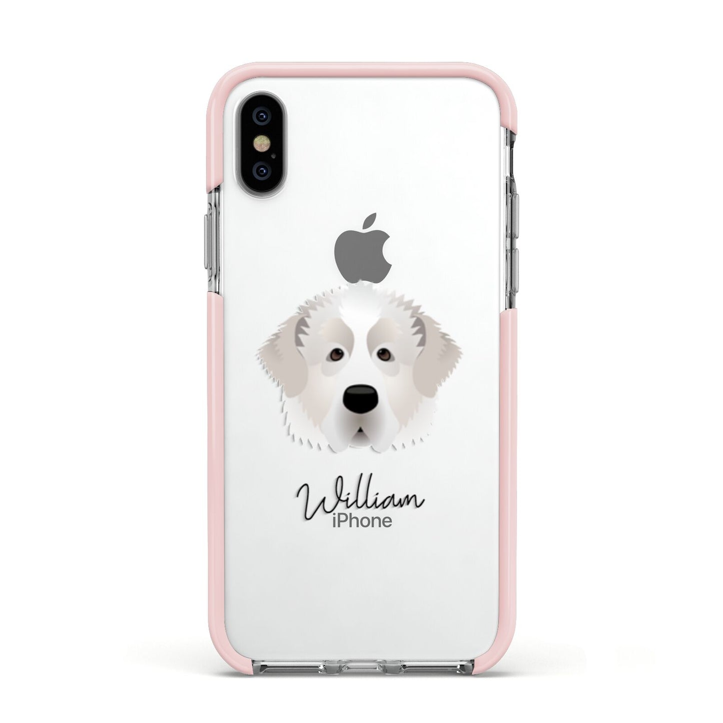Pyrenean Mastiff Personalised Apple iPhone Xs Impact Case Pink Edge on Silver Phone