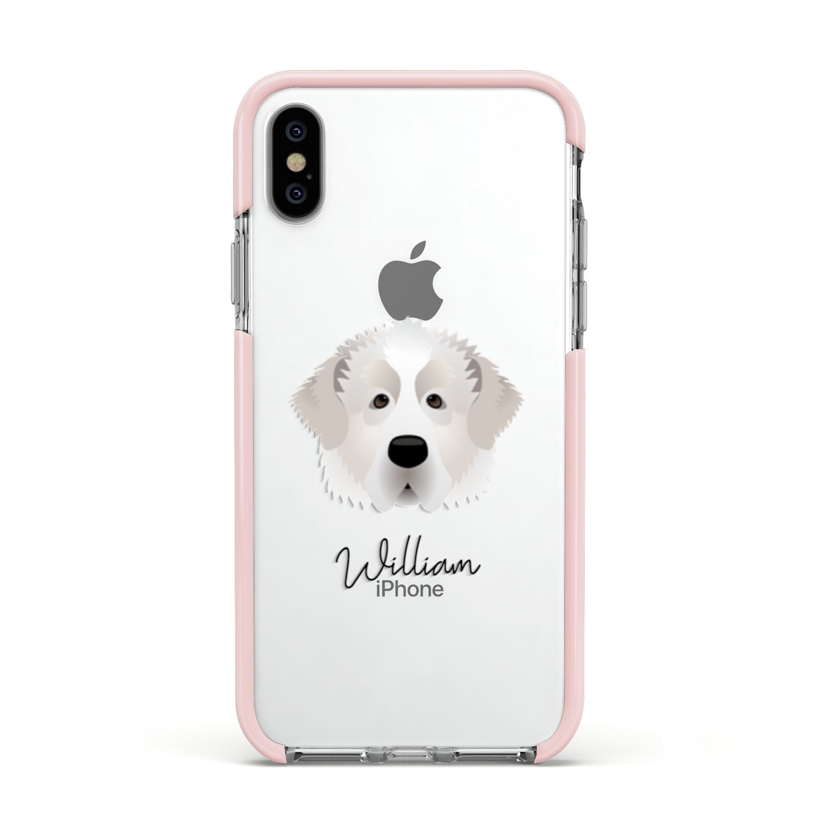 Pyrenean Mastiff Personalised Apple iPhone Xs Impact Case Pink Edge on Silver Phone