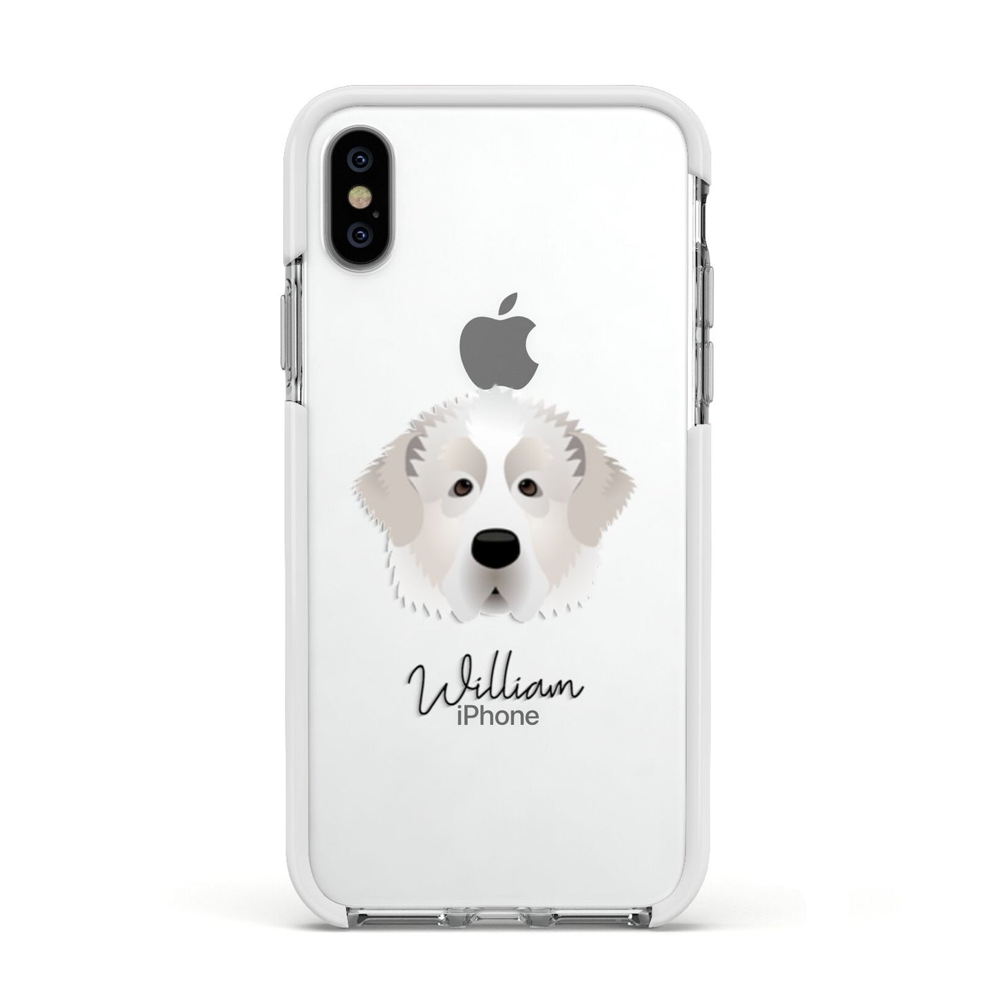 Pyrenean Mastiff Personalised Apple iPhone Xs Impact Case White Edge on Silver Phone