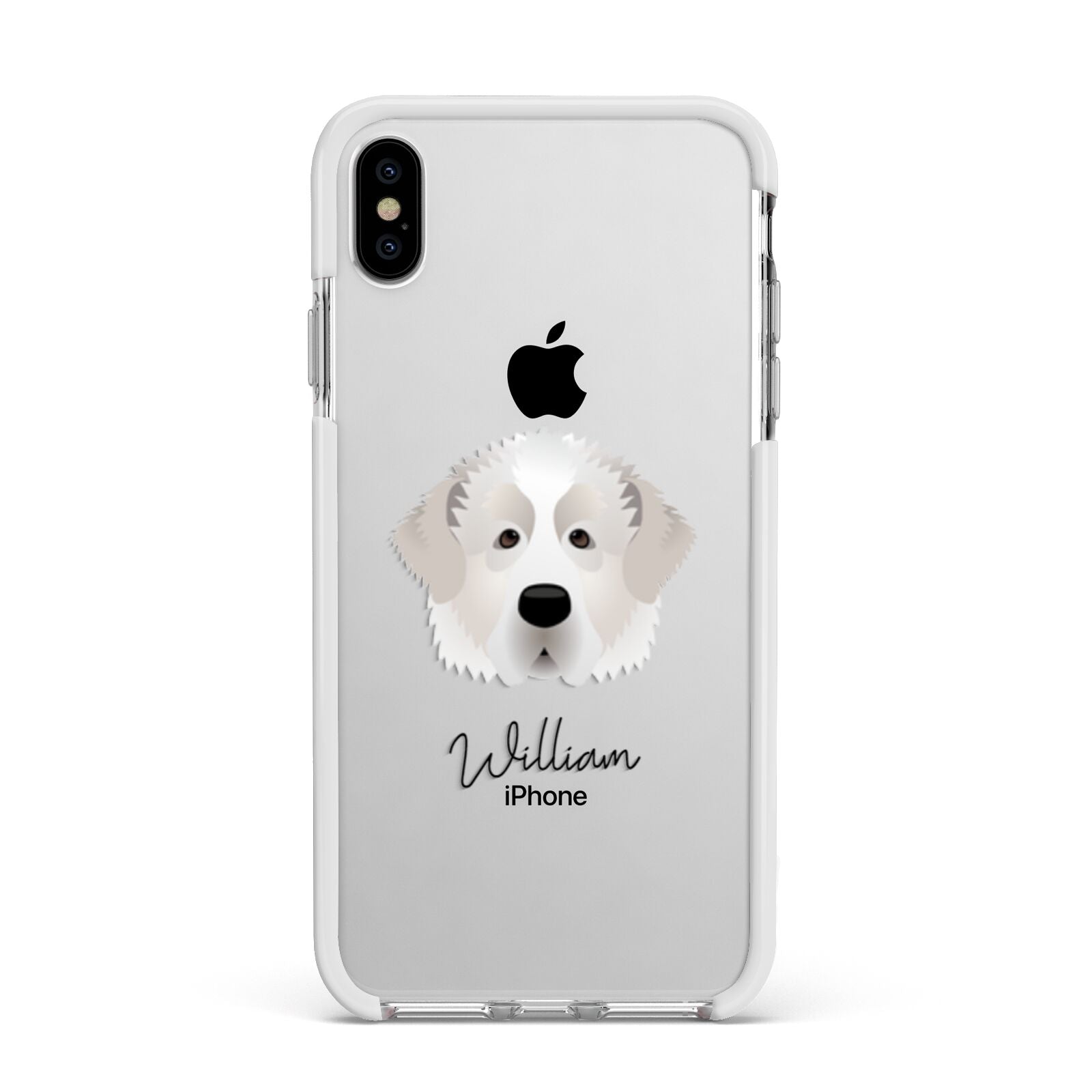Pyrenean Mastiff Personalised Apple iPhone Xs Max Impact Case White Edge on Silver Phone