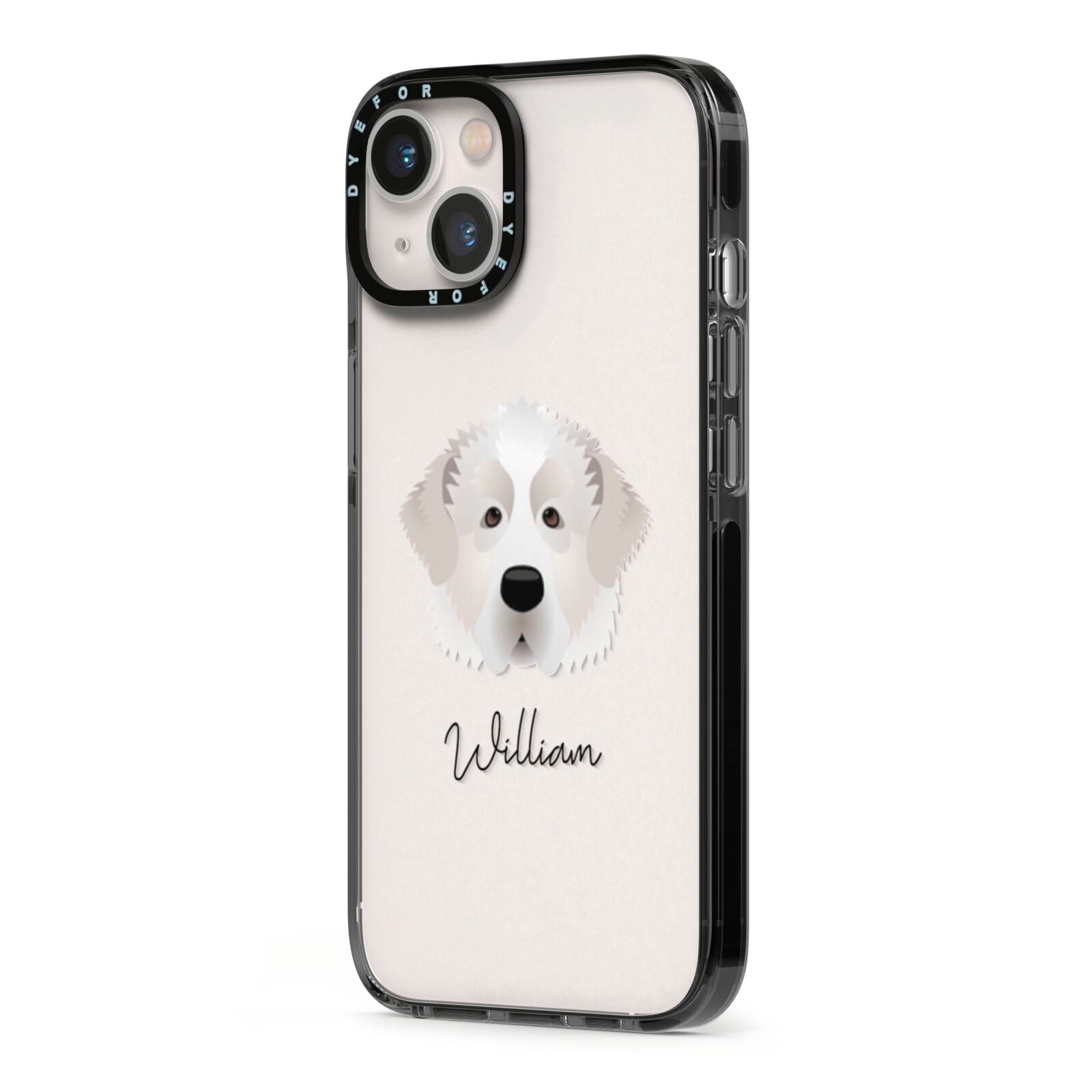 Pyrenean Mastiff Personalised iPhone 13 Black Impact Case Side Angle on Silver phone