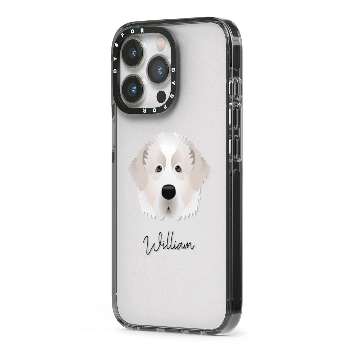 Pyrenean Mastiff Personalised iPhone 13 Pro Black Impact Case Side Angle on Silver phone