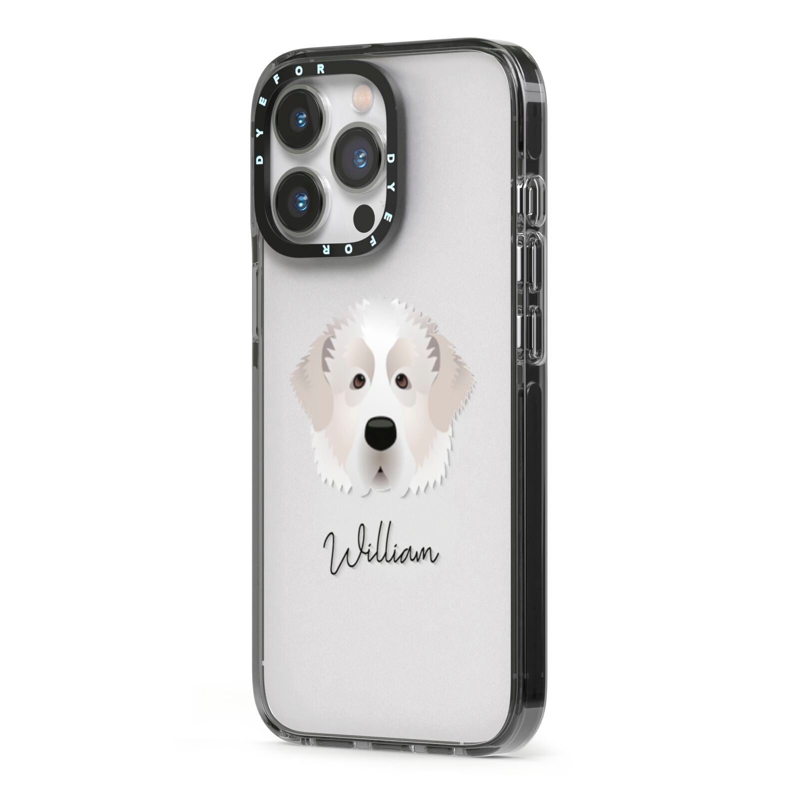 Pyrenean Mastiff Personalised iPhone 13 Pro Black Impact Case Side Angle on Silver phone