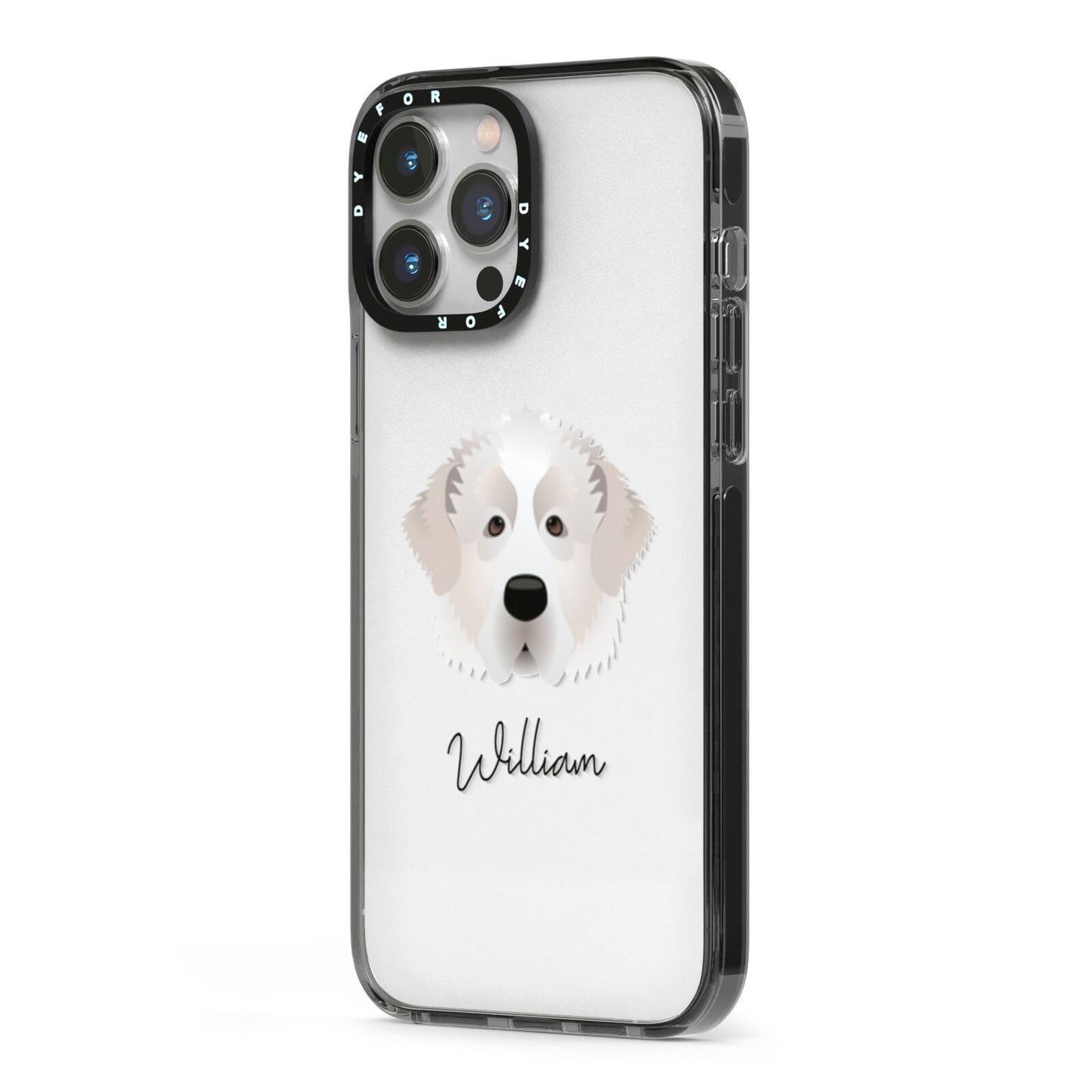Pyrenean Mastiff Personalised iPhone 13 Pro Max Black Impact Case Side Angle on Silver phone