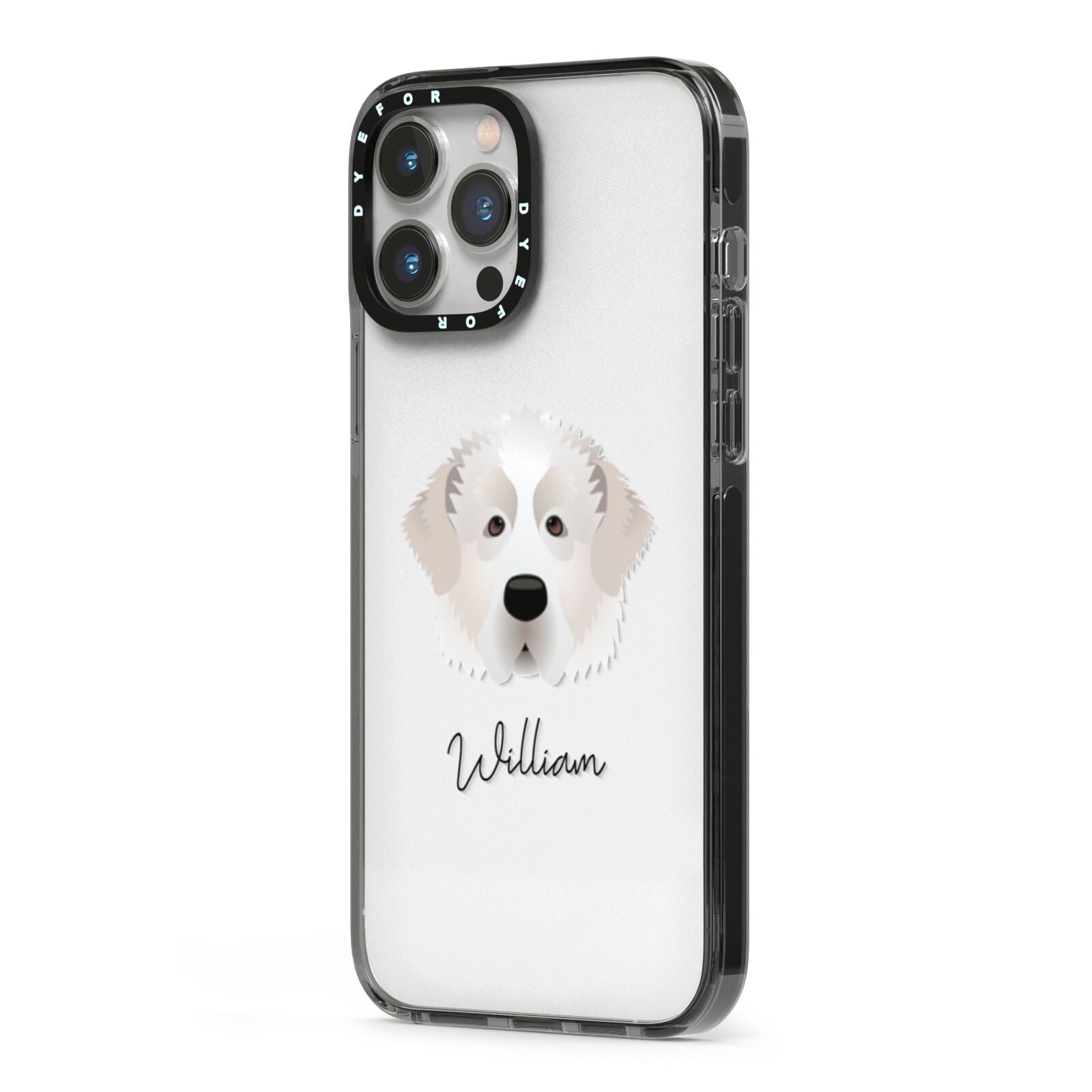 Pyrenean Mastiff Personalised iPhone 13 Pro Max Black Impact Case Side Angle on Silver phone