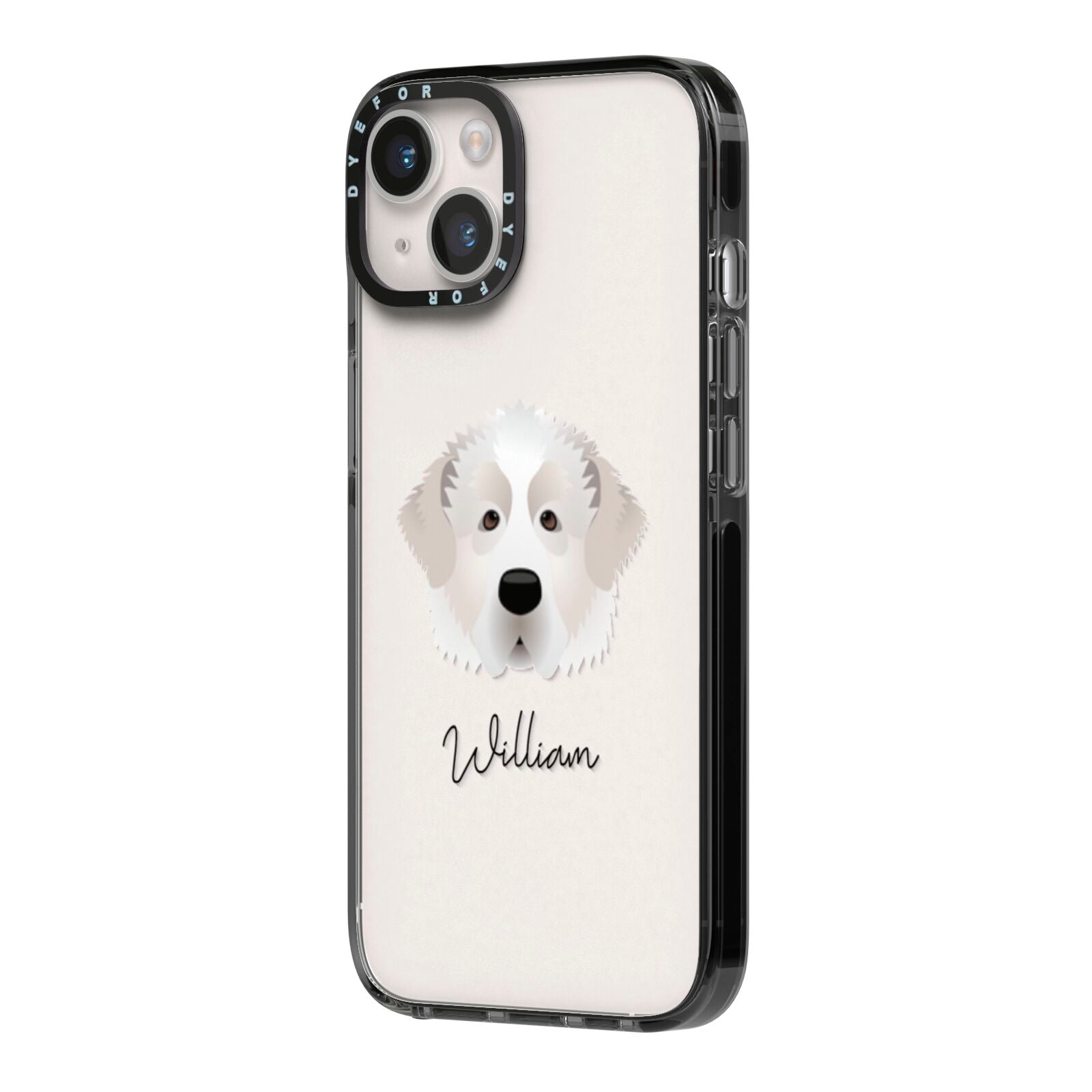 Pyrenean Mastiff Personalised iPhone 14 Black Impact Case Side Angle on Silver phone