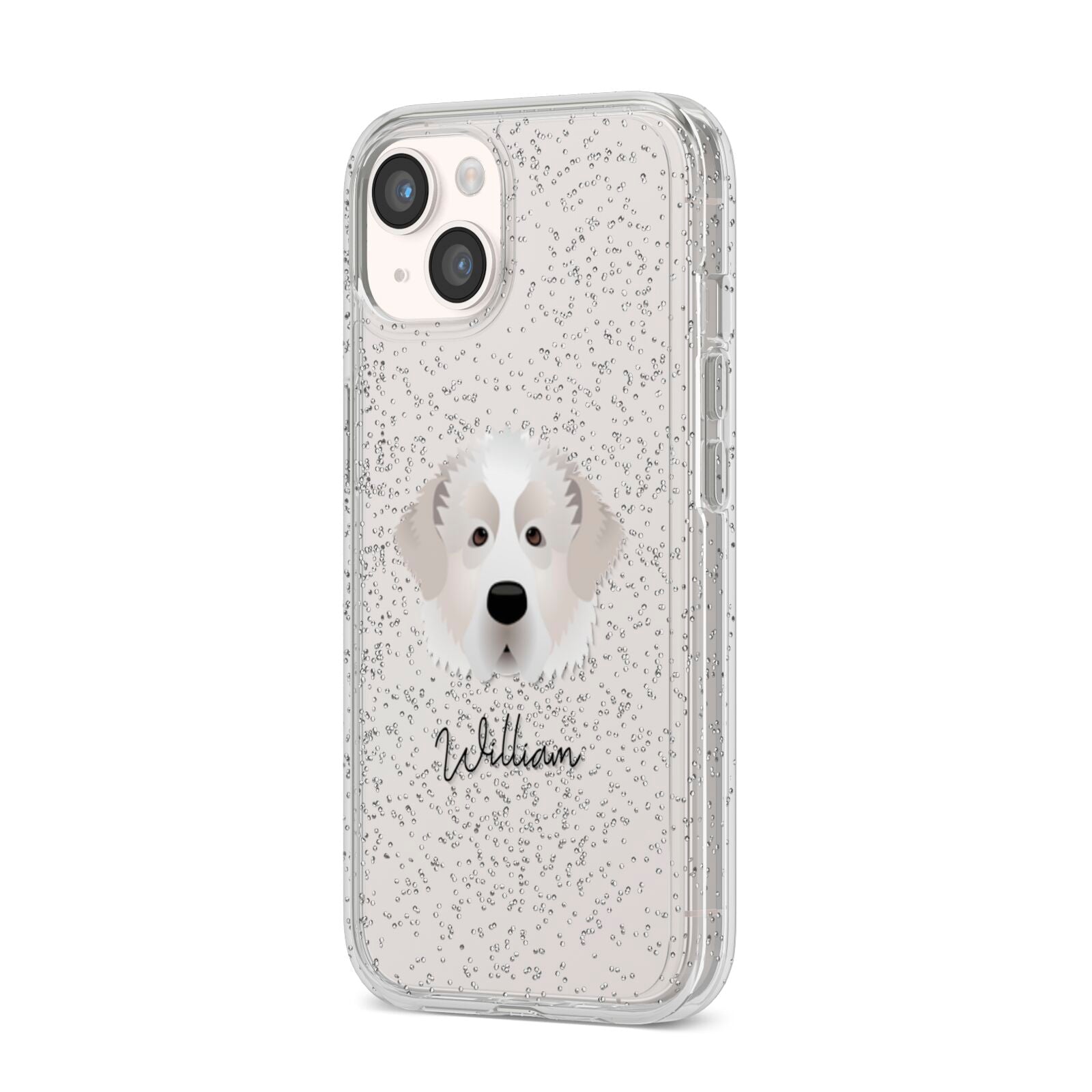 Pyrenean Mastiff Personalised iPhone 14 Glitter Tough Case Starlight Angled Image