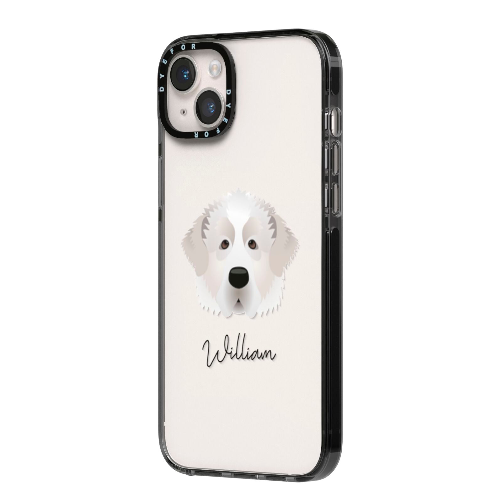 Pyrenean Mastiff Personalised iPhone 14 Plus Black Impact Case Side Angle on Silver phone
