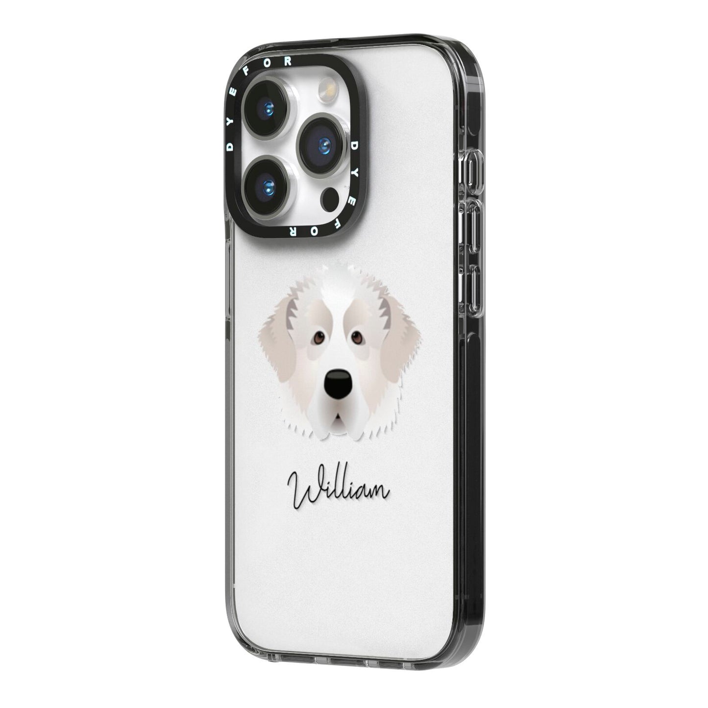 Pyrenean Mastiff Personalised iPhone 14 Pro Black Impact Case Side Angle on Silver phone