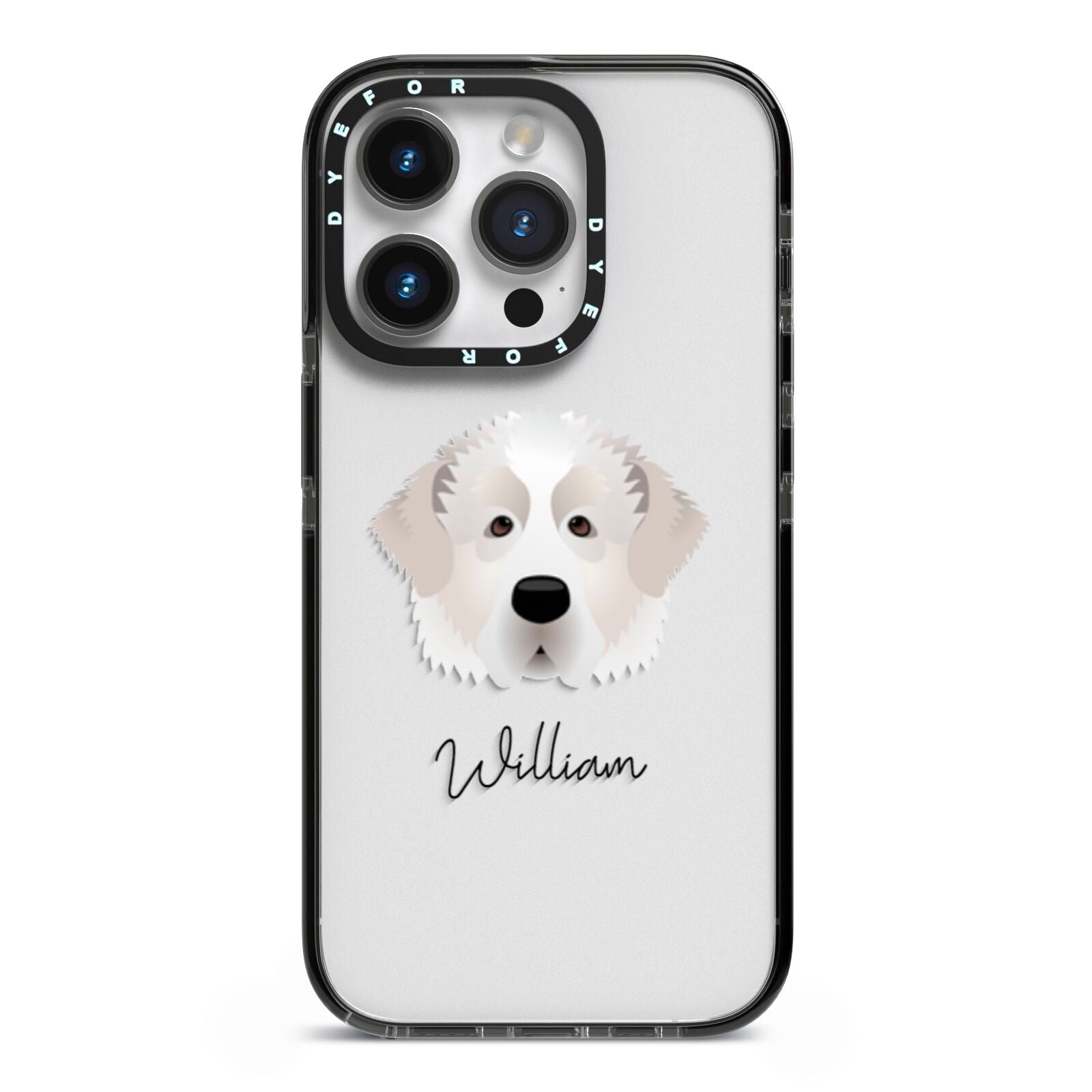 Pyrenean Mastiff Personalised iPhone 14 Pro Black Impact Case on Silver phone