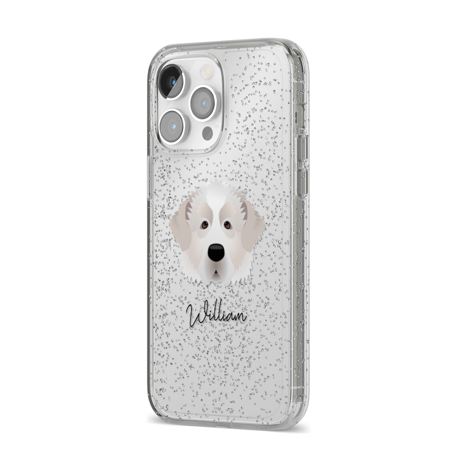 Pyrenean Mastiff Personalised iPhone 14 Pro Max Glitter Tough Case Silver Angled Image