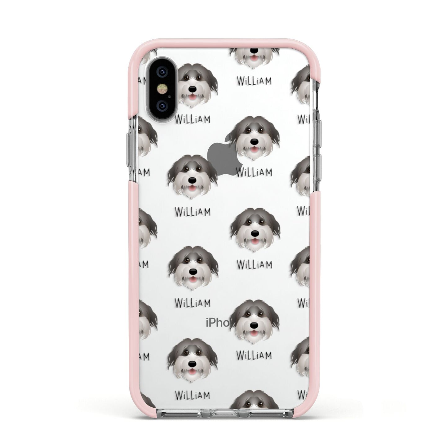 Pyrenean Shepherd Icon with Name Apple iPhone Xs Impact Case Pink Edge on Silver Phone