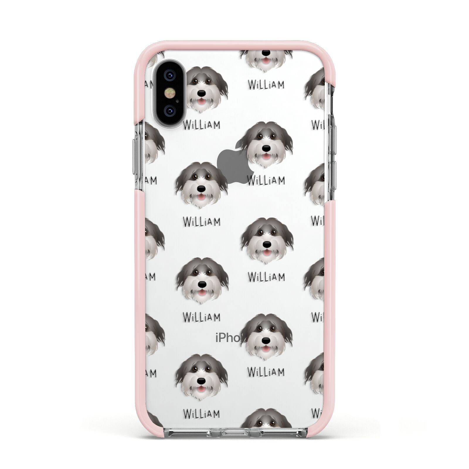 Pyrenean Shepherd Icon with Name Apple iPhone Xs Impact Case Pink Edge on Silver Phone