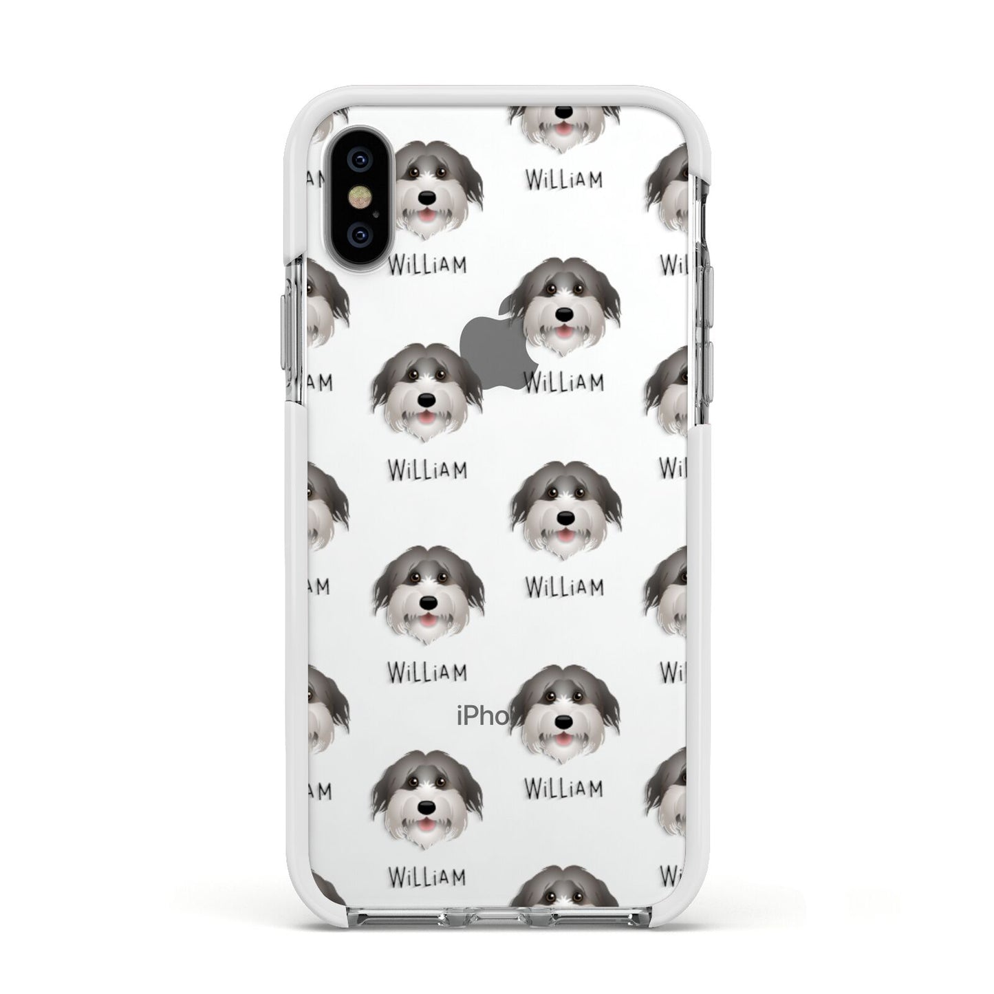 Pyrenean Shepherd Icon with Name Apple iPhone Xs Impact Case White Edge on Silver Phone